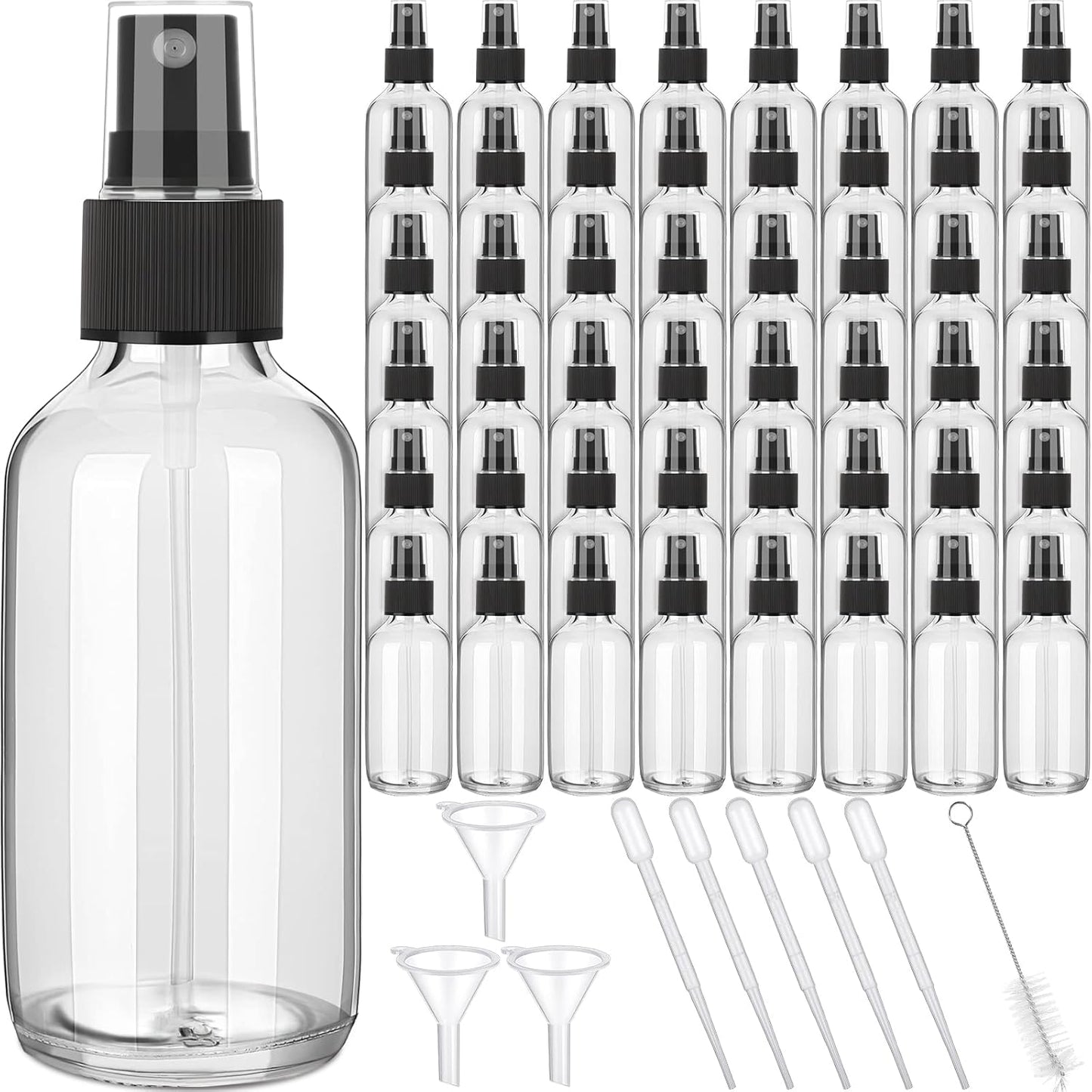 Nuogo 50 Pieces Mini Glass Spray Bottles Bulk 4 Oz Fine Mist Glass Bottles with Funnel Dropper and Cleaning Brush Refillable for Essential Oils, Perfumes and Aromatherapy(Transparent)