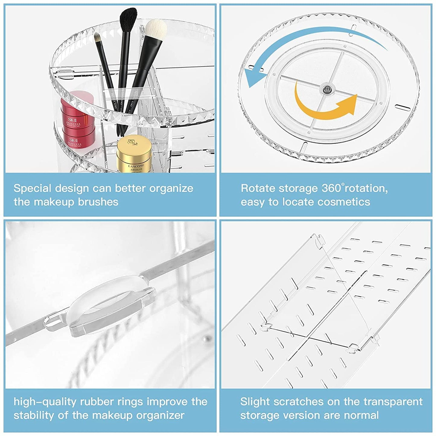 360 Degree Rotating Makeup Organizer,Large Capacity Make up Caddy Shelf,Acrylic Perfume Storage, Adjustable Skin Care Organisers for Dresser Tabletop and Bathroom, Clear (Diamond)