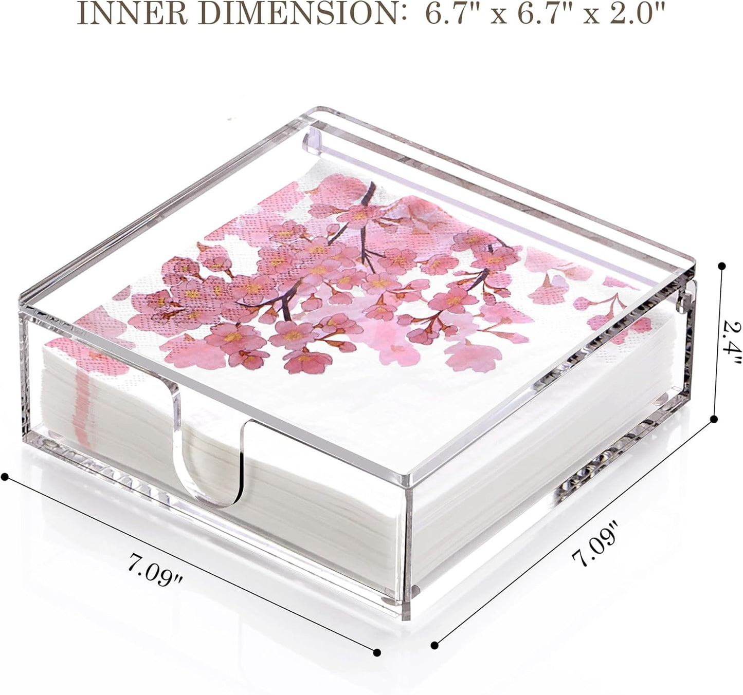 DINGHUO Acrylic Napkin Holder, 7"x 7"x 2.4" Flat Luncheon Napkin Dispenser with Lid, Clear Flip-top Waterproof Paper Napkin Container Organizer for Table, Kitchen, Indoor & Outdoor, Bathroom Vanity