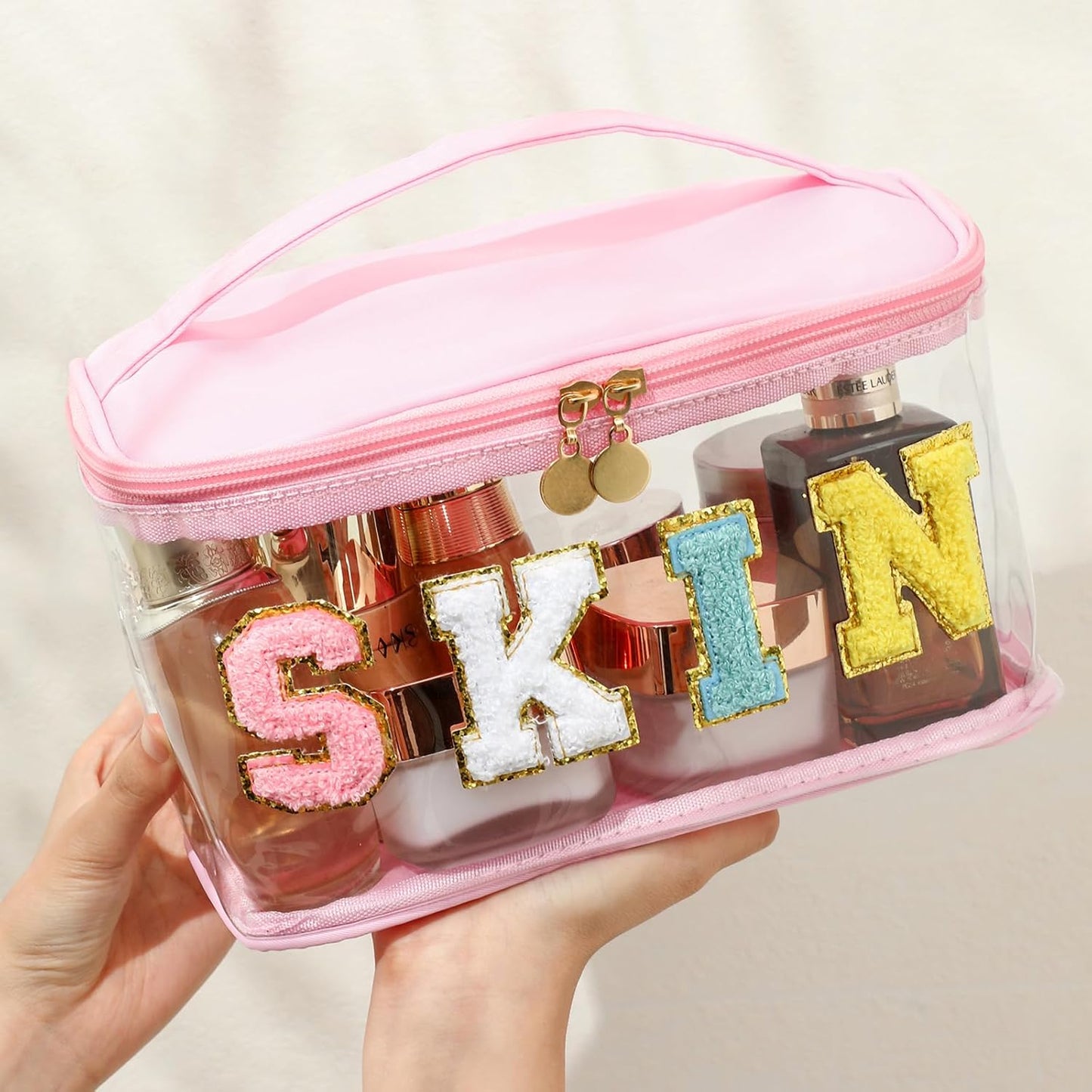 Personalized Chenille Letter Clear Skin Makeup Bag, Large Size Waterproof Nylon Cosmetic Toiletry Storage bag with Top Handle, Transparent Meds Skin Travel Organizer Cosmetic Bag(09Skin-Pink)
