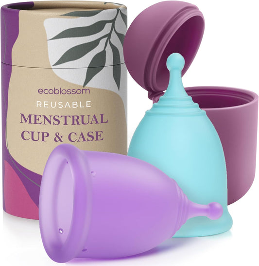 EcoBlossom Reusable Menstrual Cup and Case - The Most Reliable Medical Grade Silicone Period Cups - Comfortably use for 12 Hours (Large (Pack of 2), Round Stem & Case)