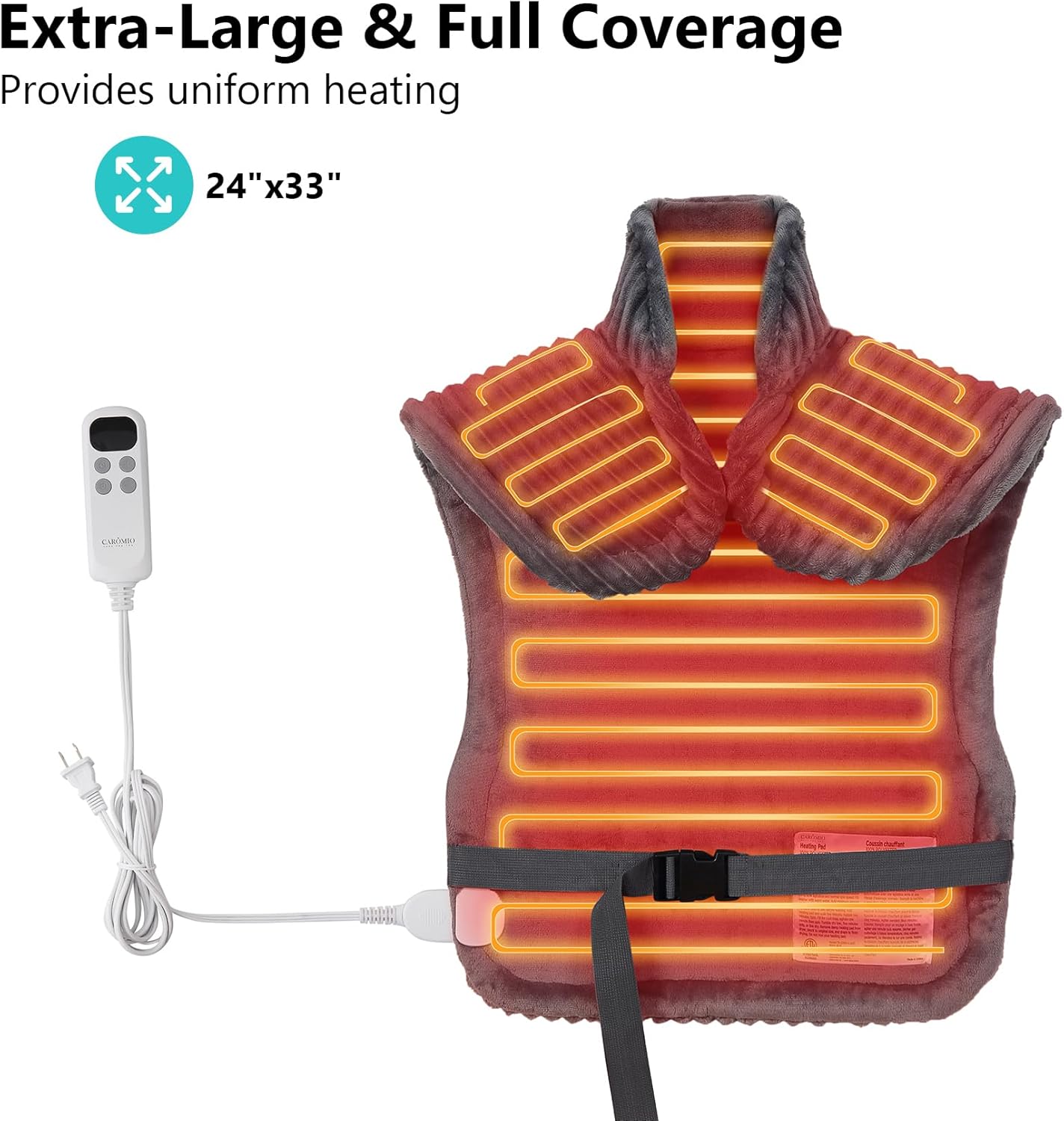 CAROMIO Heating Pad for Back Pain Relief, Neck and Shoulders Electric Heating Pads Large Size, Full Body Back Heat Pad with Auto Shut Off, Fast Heating and 6 Heat Settings (Grey, 33"x24")