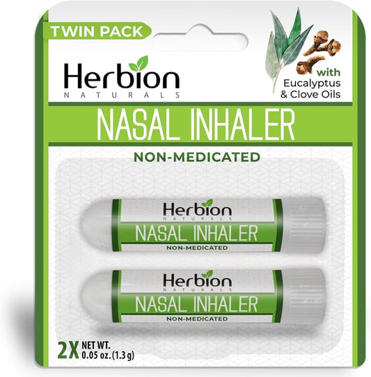HERBION Naturals Nasal Inhaler, Natural Relief for Nasal Congestion & Sinus Pressure, Non-Medicated Sticks with Essential Oils, Menthol, Eucalyptus, Clove, Soothing Vapor, Easy Breathing, Pack of 2