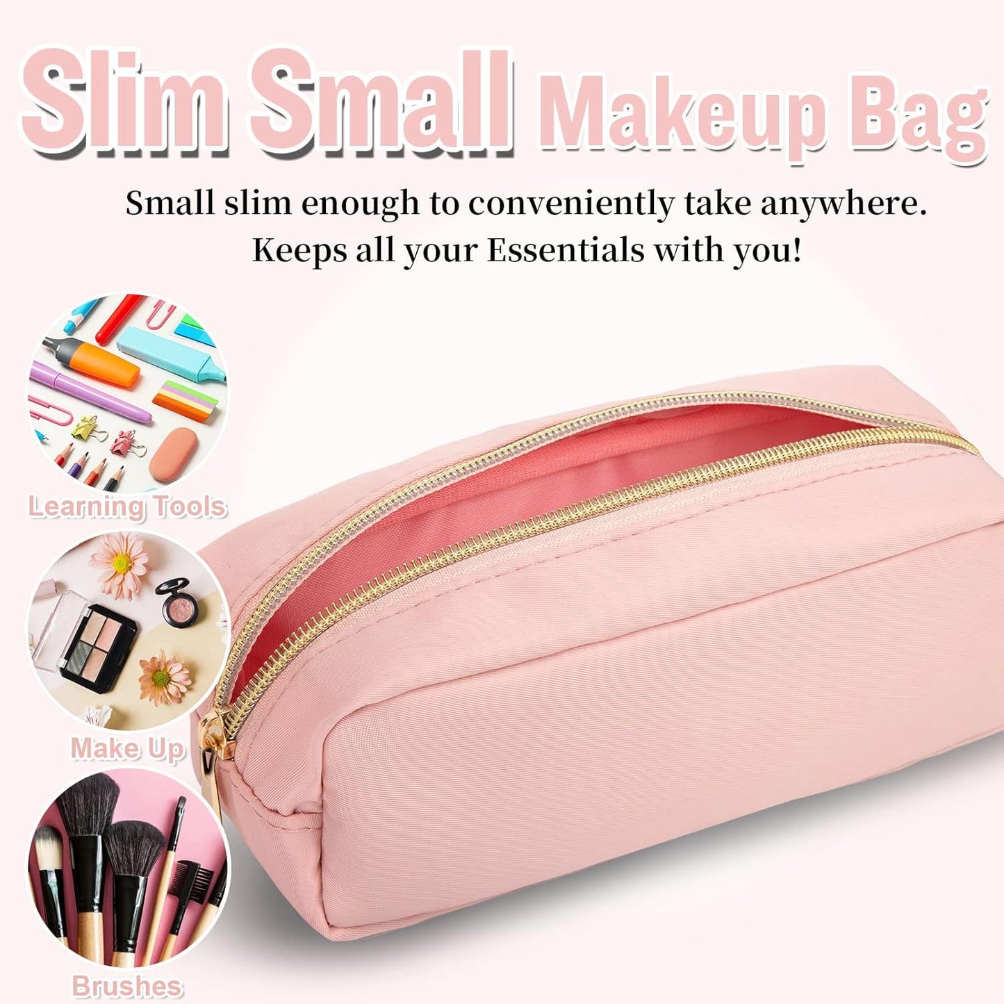 Nylon Slim Makeup Bag, Preppy Cute Makeup Brush Bag Pink Makeup Organizer for Women Men Girls - Waterproof Travel Toiletry Cosmetic Zipper Pouch