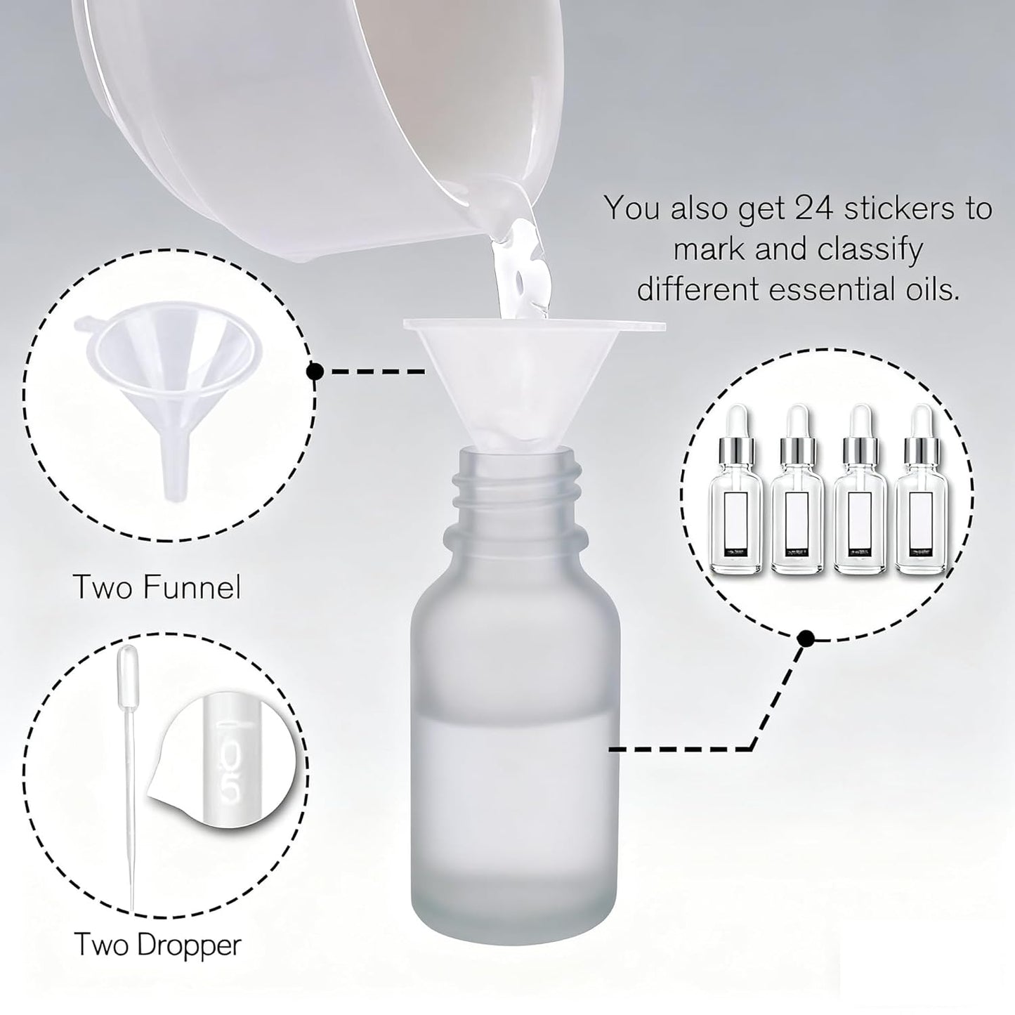 PrettyCare 24 pcs，Eye Dropper Bottle 0.5 oz（ 15 ml Frosted Glass Bottles with Silver Caps, 2 Extra Measured Pipettes, 48 Labels, 2 Funnels Empty Tincture Bottles for Essential Oils