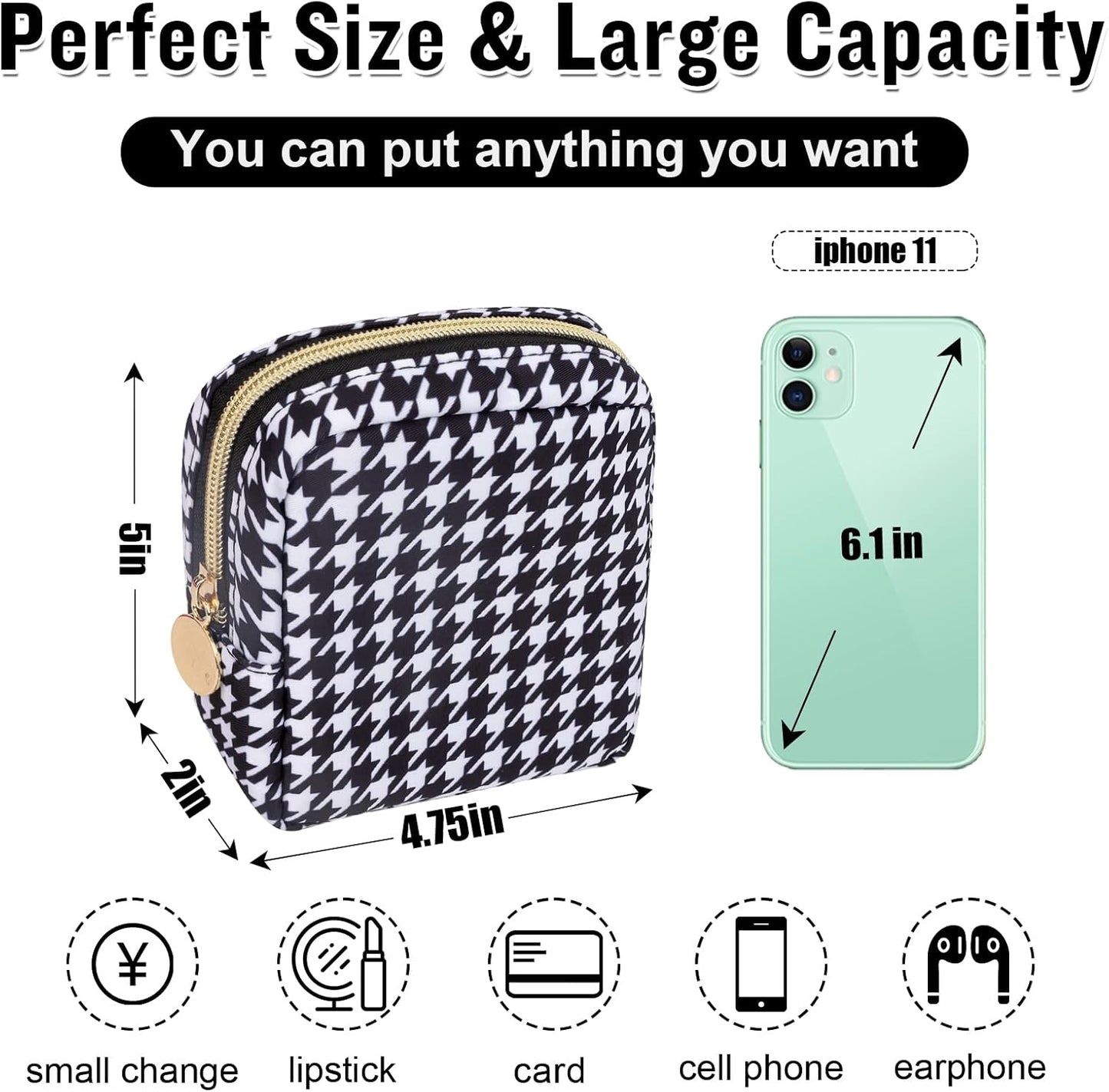Nylon Mini Makeup Bag for Purse, Small Cute Makeup Bag Preppy Cosmetic Zipper Pouch Purse, Waterproof Travel Coin Pouch Sanitary Napkin Storage Bag Makeup Organizer for Women Girls(Black Houndstooth)