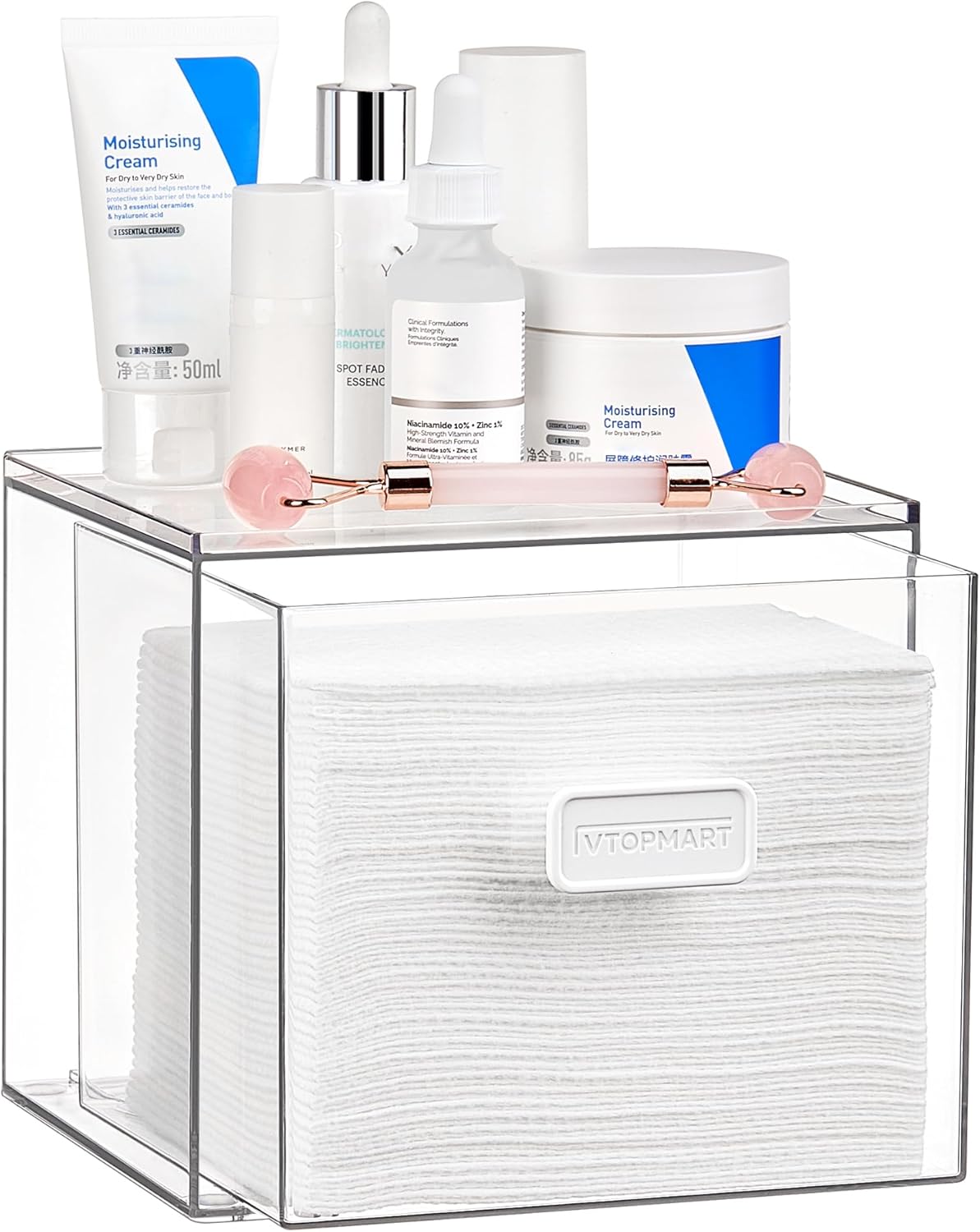 Vtopmart Disposable Facial Towels Holder,Clear Storage Drawer Compatible with Clean Skin Club Towel XL,Acrylic Box Hold 50 Count,Stylish and Functional Bathroom Accessory for Coutertop Organization