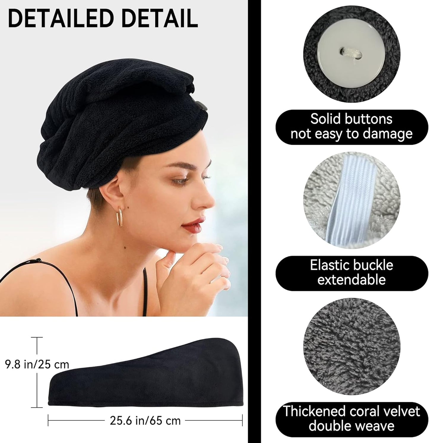 1 Pack Microfiber Hair Towel,Quick Dry Hair Towel Wrap Turbie for Women Kids,Super Absorbent Fast Head Wraps Drying Towel with Button for Wet Curly Hair(Black 25.6x9.8 Inch)