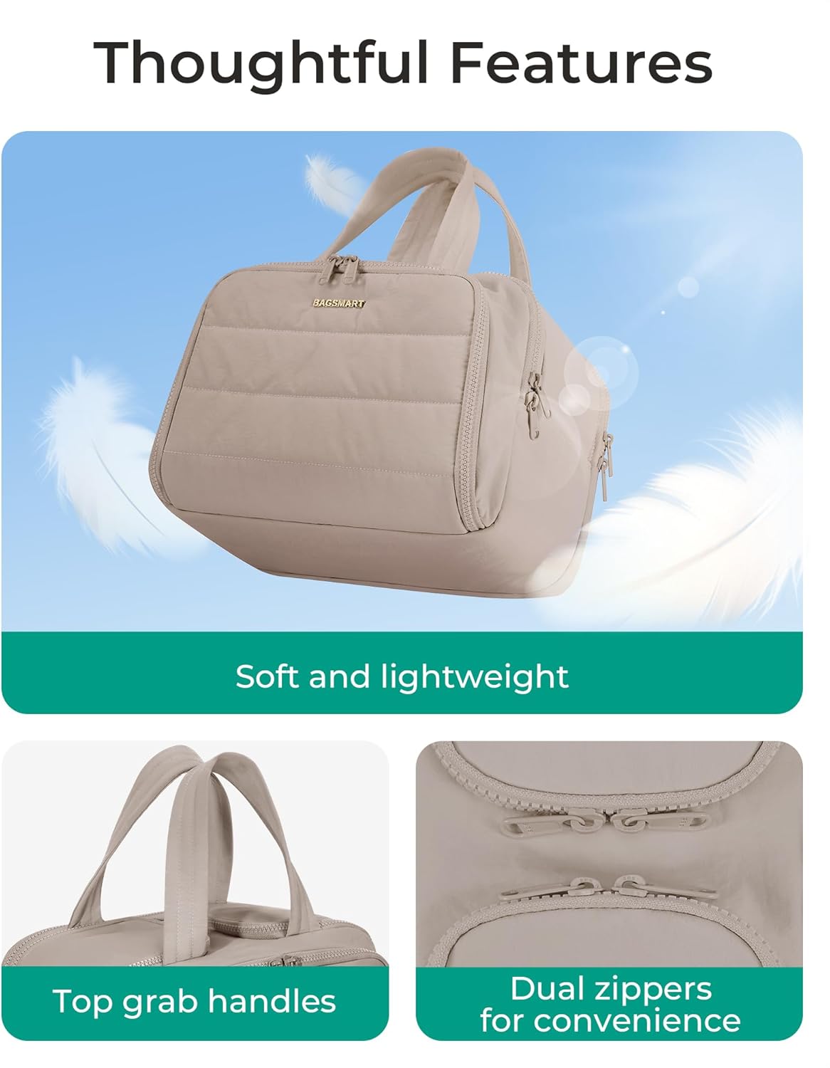 BAGSMART Travel Toiletry Bag, Lightweight Large Wide-open Travel Bag for Women, Puffy Cosmetic Makeup Bag Organizer with Handle for Accessories,Essentials, Toiletries, Grayish Brown