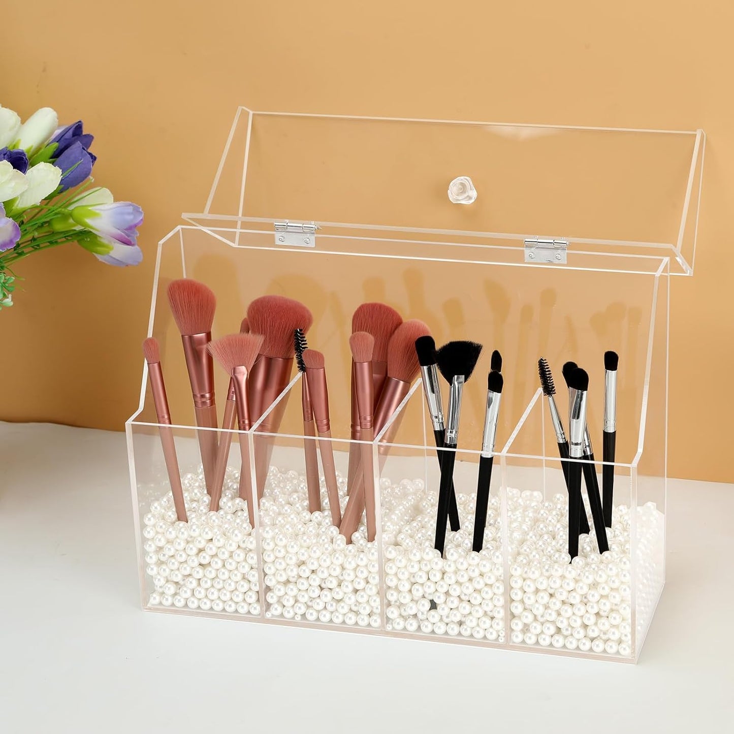 Acrylic Makeup Organizer, Clear Cosmetic Brush Storage Box With 4 Brush Holders,Makeup Brush Holder with Dust Cover, Large-capacity Split Design Can Quickly Organize the Desktop（No pearls）