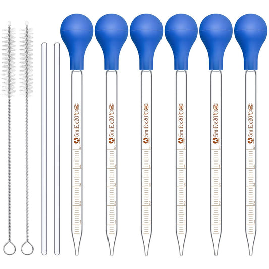 Weewooday Glass Droppers Pipettes Graduated Lab Dropper Glass Liquid Pipette with Big Rubber Hats 20 cm Stir Rod Washing Brush Transfer for Liquid Essential Oil(16 Pieces,Blue,5 ml)