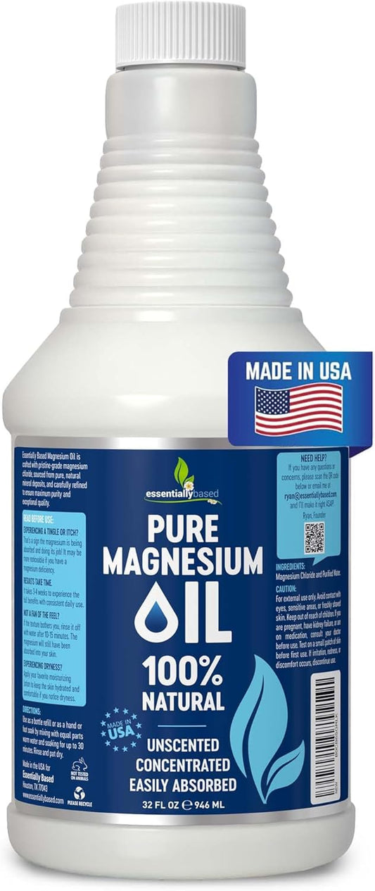 Pure Magnesium Oil Spray 32oz - Topical Magnesium Spray for Sleep Extra Strength - Less Sting - Less Itch - 100% Natural and Organic Oil - Made in USA