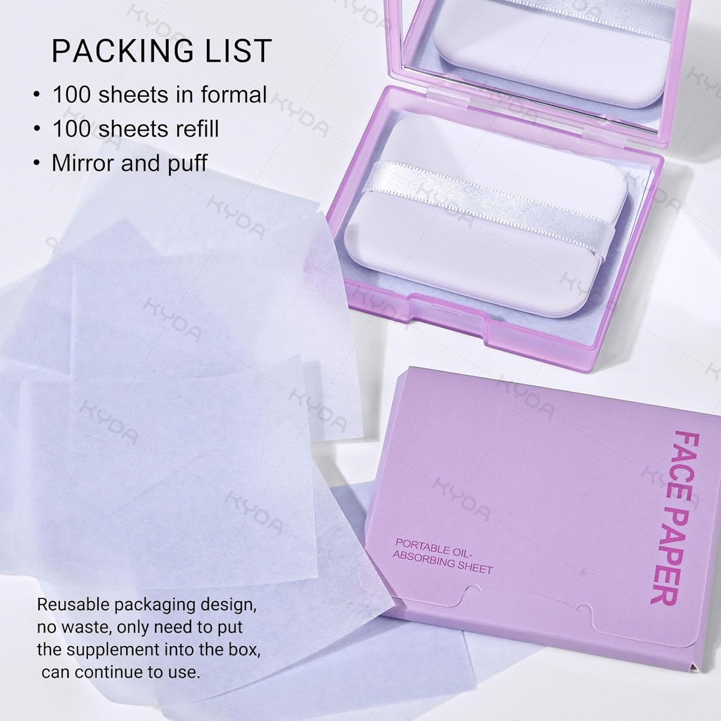 KYDA 200 Sheets Face Oil Blotting Paper, Included Refills, Mirror and Puff, Oil Absorbing Sheets for Makeup, Oil Control Shine, Absorb Excess Oil, Travel Size Gentle Face Makeup, Lavender
