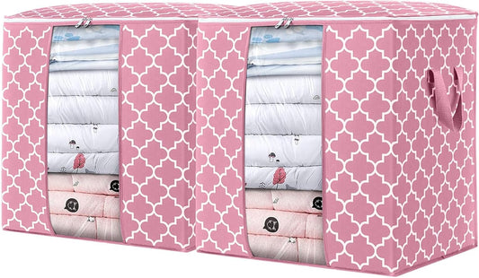 WISELIFE Storage Bags 2 Pack/100L Large Blanket Clothes Organization and Storage Containers for Comforters,Bedding, Foldable Organizer with Reinforced Handle, Clear Window, Sturdy Zippers,Pink