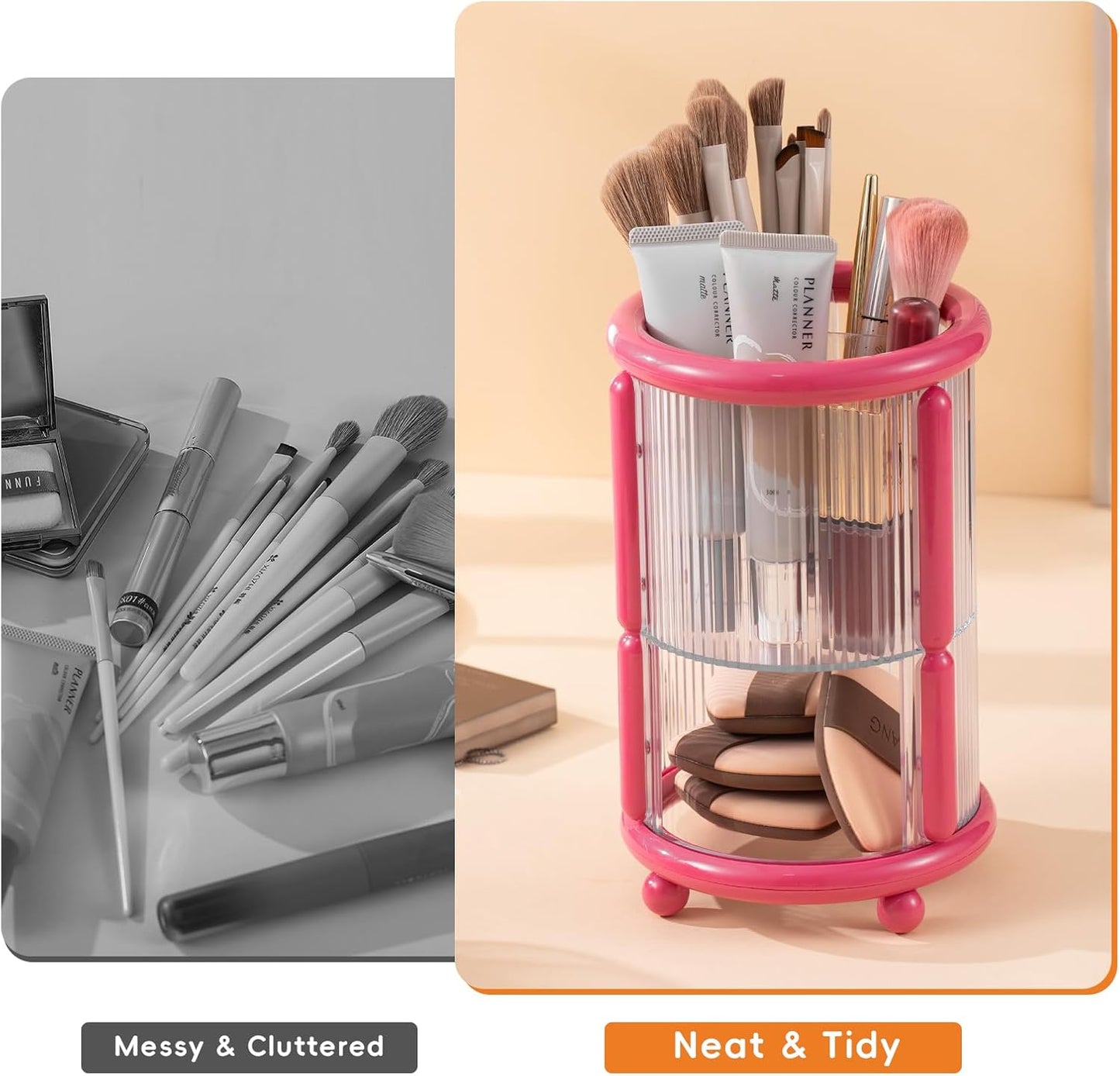 Makeup Brush Holder, 2 Tier Clear Cosmetic Tools Organizer, Round Makeup Organizer for Vanity Countertop (Rose Red)
