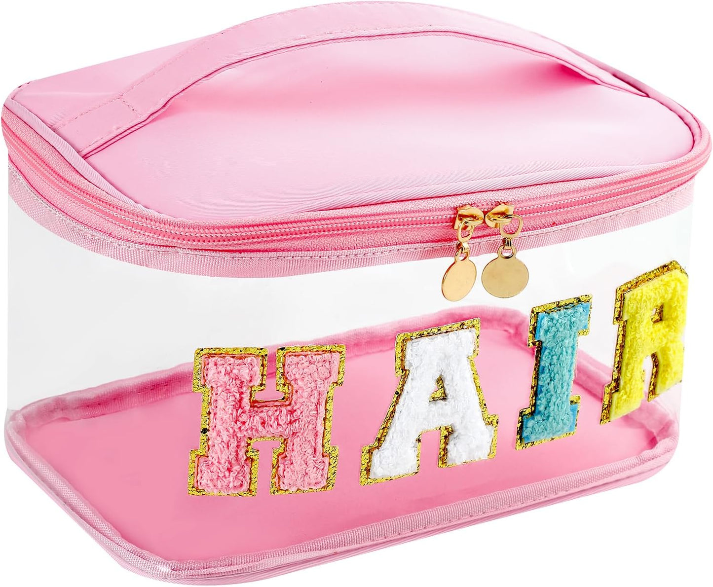 Personalized Chenille Letter Clear Hair Makeup Bag, Large Size Waterproof Nylon Cosmetic Toiletry Storage bag with Top Handle, Transparent Meds Hair Travel Organizer Cosmetic Bag(06Hair-Pink)