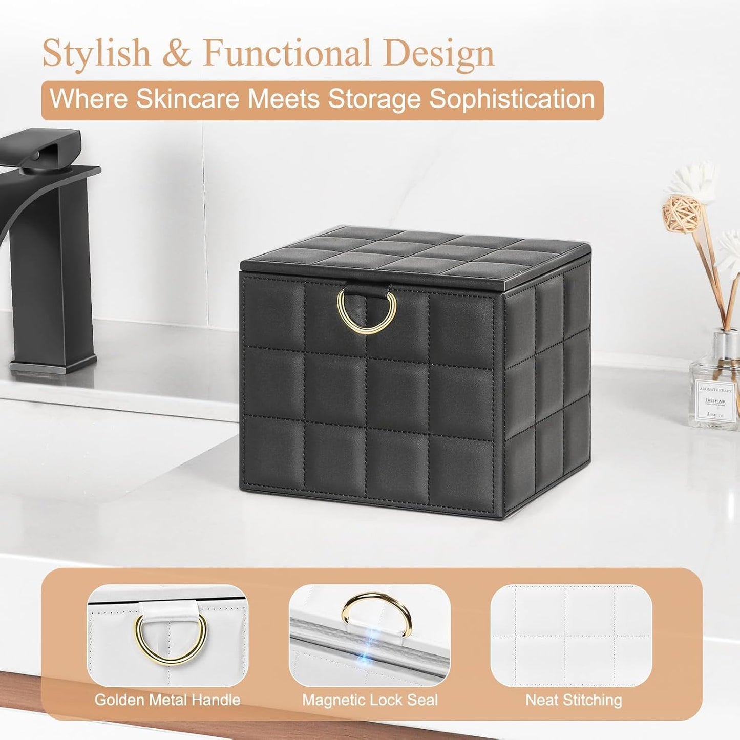 Disposable Face Towel Holder Box, Black PU Leather Container for XL Clean Skin Club Face Towels, Reusable Organizer for Clean Skin Towel Makeup Wipe Holder Counter Bathroom Organizers and Storage