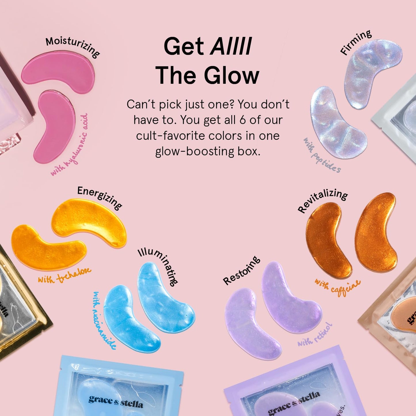 grace & stella Under Eye Mask Variety Pack - 18 Pairs of Under Eye Patches for Dark Circles - With 6 Colors (3 Pairs/Color) - Gel Masks Puffy Eyes for Women - Vegan Cruelty Free Bridesmaid Gifts