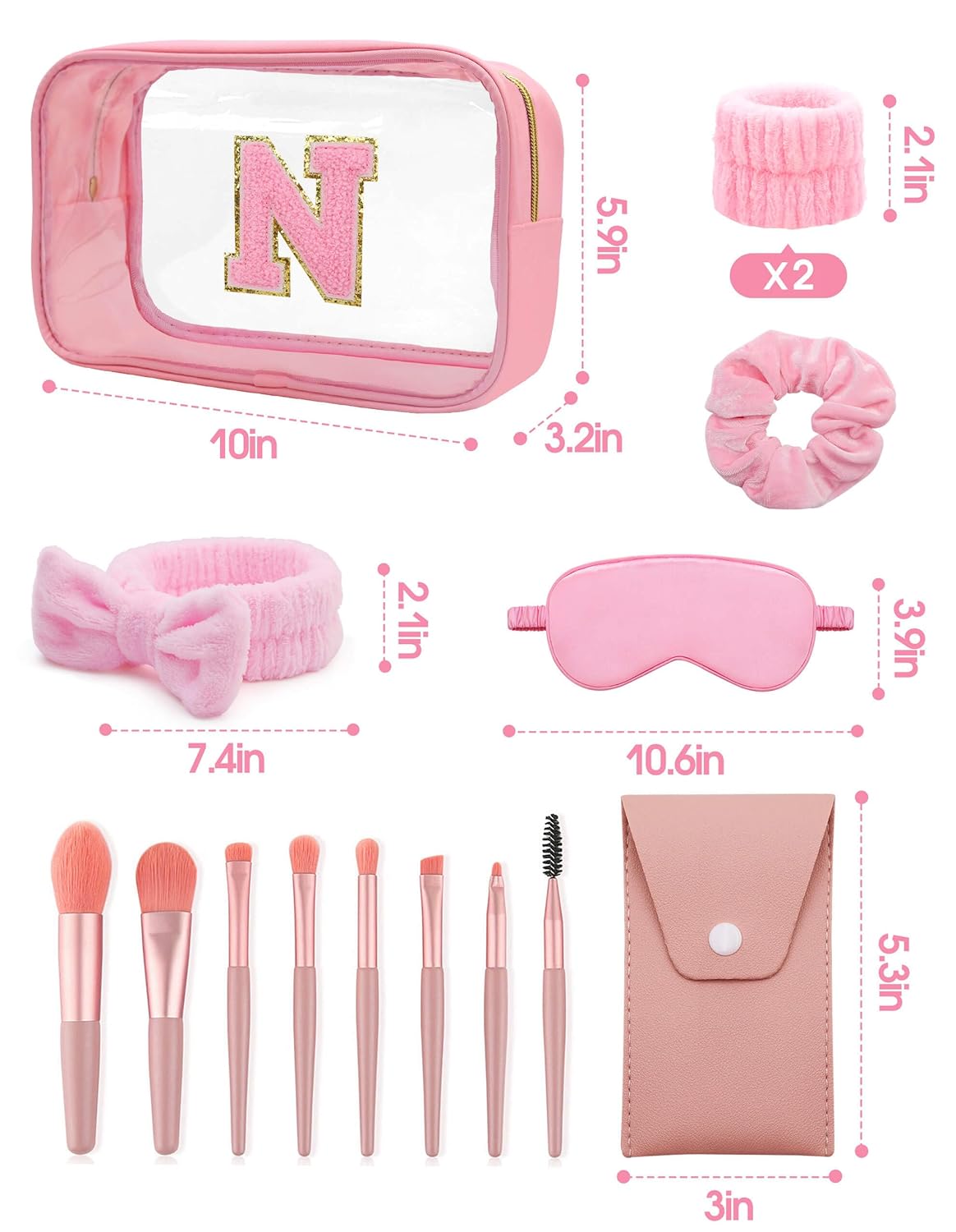 Gift Sets for Women, Initial Makeup Bag with Makeup Brush Set Bachelorette Party Favors, Pink Spa Kit with Skincare Headbands Wrist Bands Sleepover Party Supplies Gifts for Teen Girls Bridesmaid N