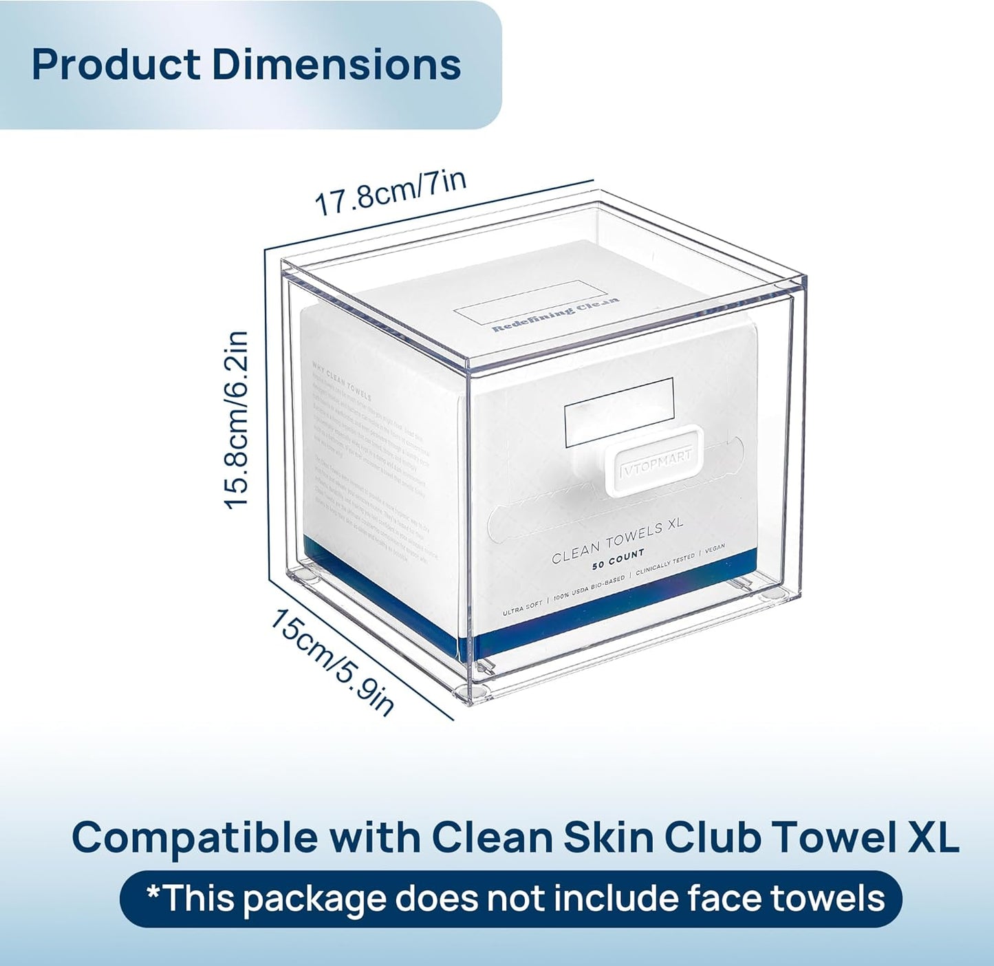 Vtopmart Disposable Facial Towels Holder,Clear Storage Drawer Compatible with Clean Skin Club Towel XL,Acrylic Box Hold 50 Count,Stylish and Functional Bathroom Accessory for Coutertop Organization