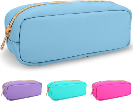 Izuzta Nylon Small Makeup Bag Slim Pouch, Preppy Cute Brush Case, Cosmetic Zipper for Purse, Waterproof Travel Toiletry Clutch Coin Organizer for Women Girls (Blue)