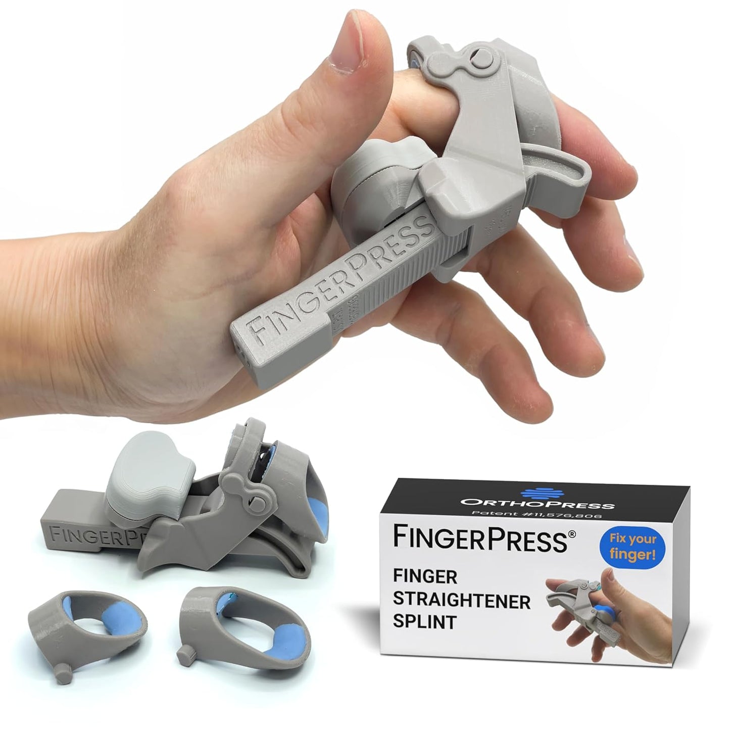 Finger Straightener | PIP Extension Orthosis/Splint For Bent Fingers, PIP Flexion Contractures | Adjustable Joint Stretcher Device | Made in USA | Gray/Small