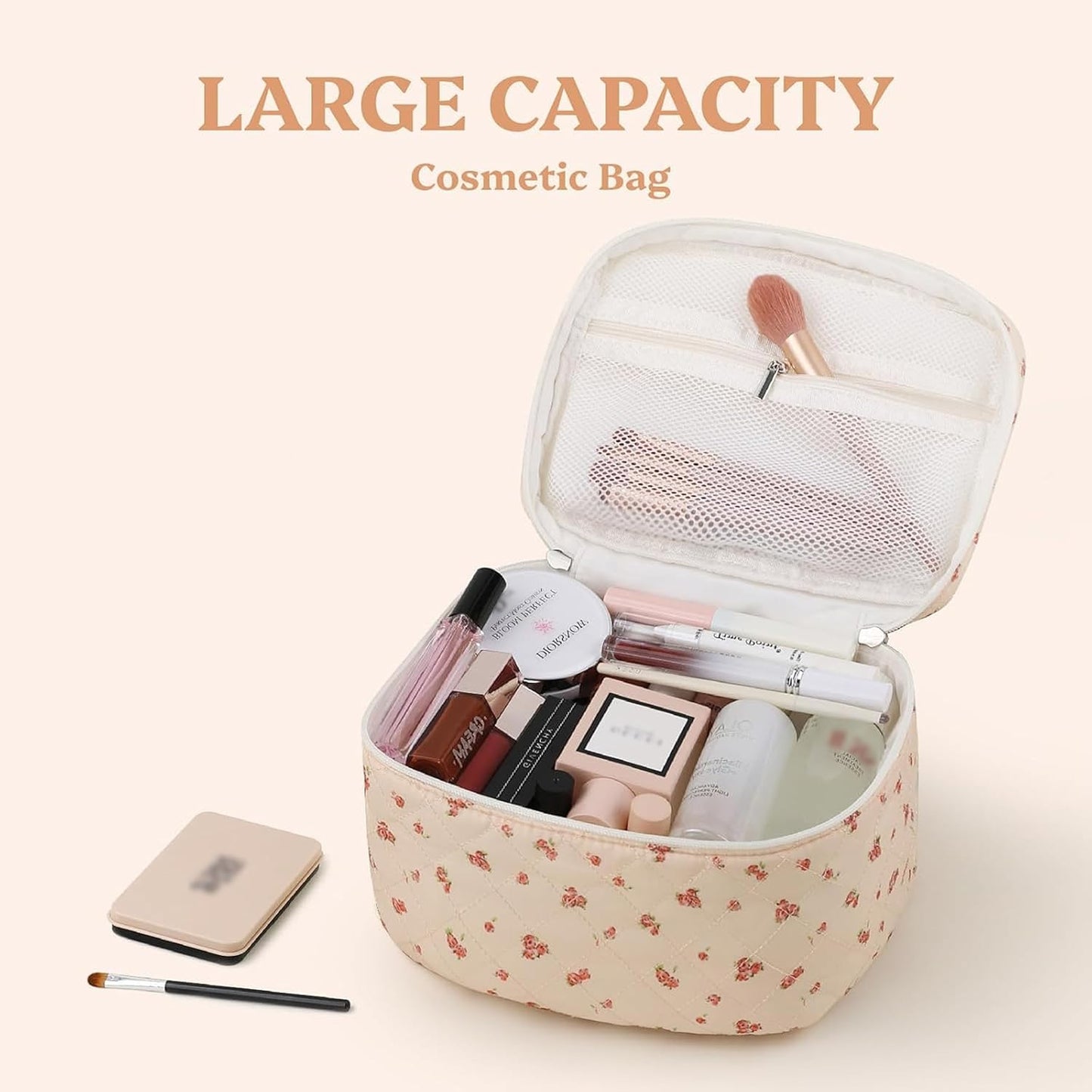 Prite Large Makeup Bag for Women Quilted Floral Cotton Cosmetic Bag Cute Coquette Aesthetic Floral Travel Toiletry Bag (Pink Flower)