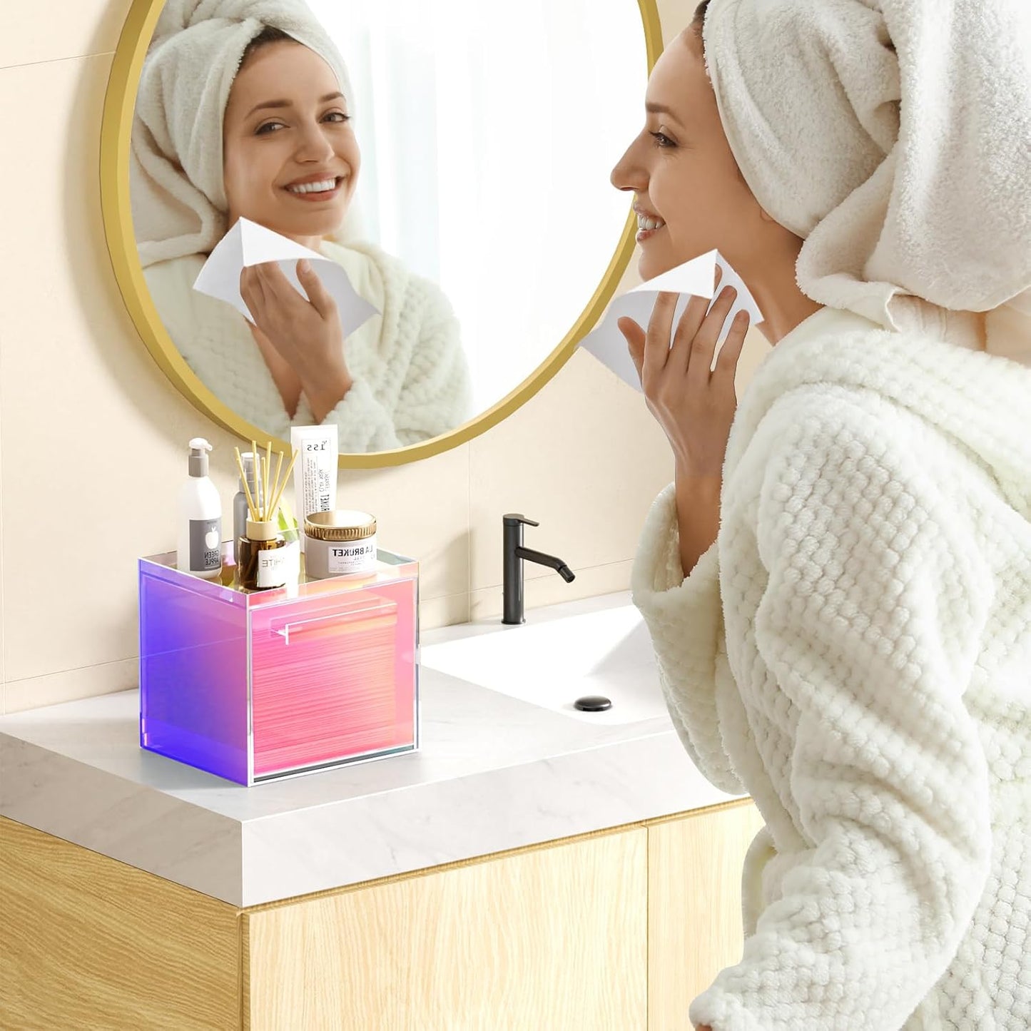 Rainbow Disposable Facial Towels Storage Box Acrylic Container Compatible with Clean Skin Club Clean Towel XL Wall-Mounted Face Towel Organizer with Drawer(Excluding Facial Towels)