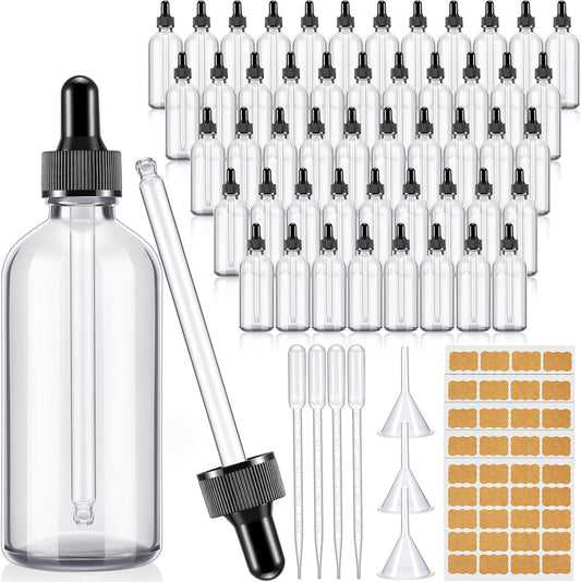 Lallisa 48 Pcs Glass Dropper Bottles with Eye Dropper Dispensers Lab Dropping Bottles with 4 Pcs Long Pipettes 4 Funnel and 80 Label for Travel Cuticle Massage Essential Oils Perfume (Clear,4 oz)