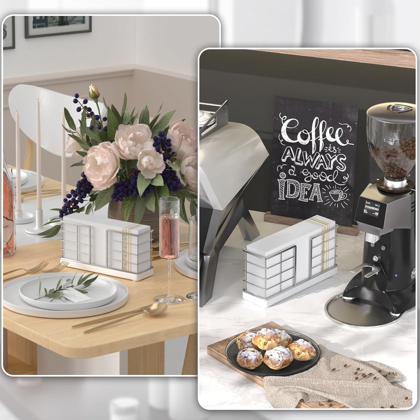 Wican Vertical Stance Bathroom Napkin Holder Takes Up Less Space for Small Guest Bathroom Oak and Iron Towel Tray for Powder Room Wooden Basket for Disposable Paper Hand Towels Silver and Matte White