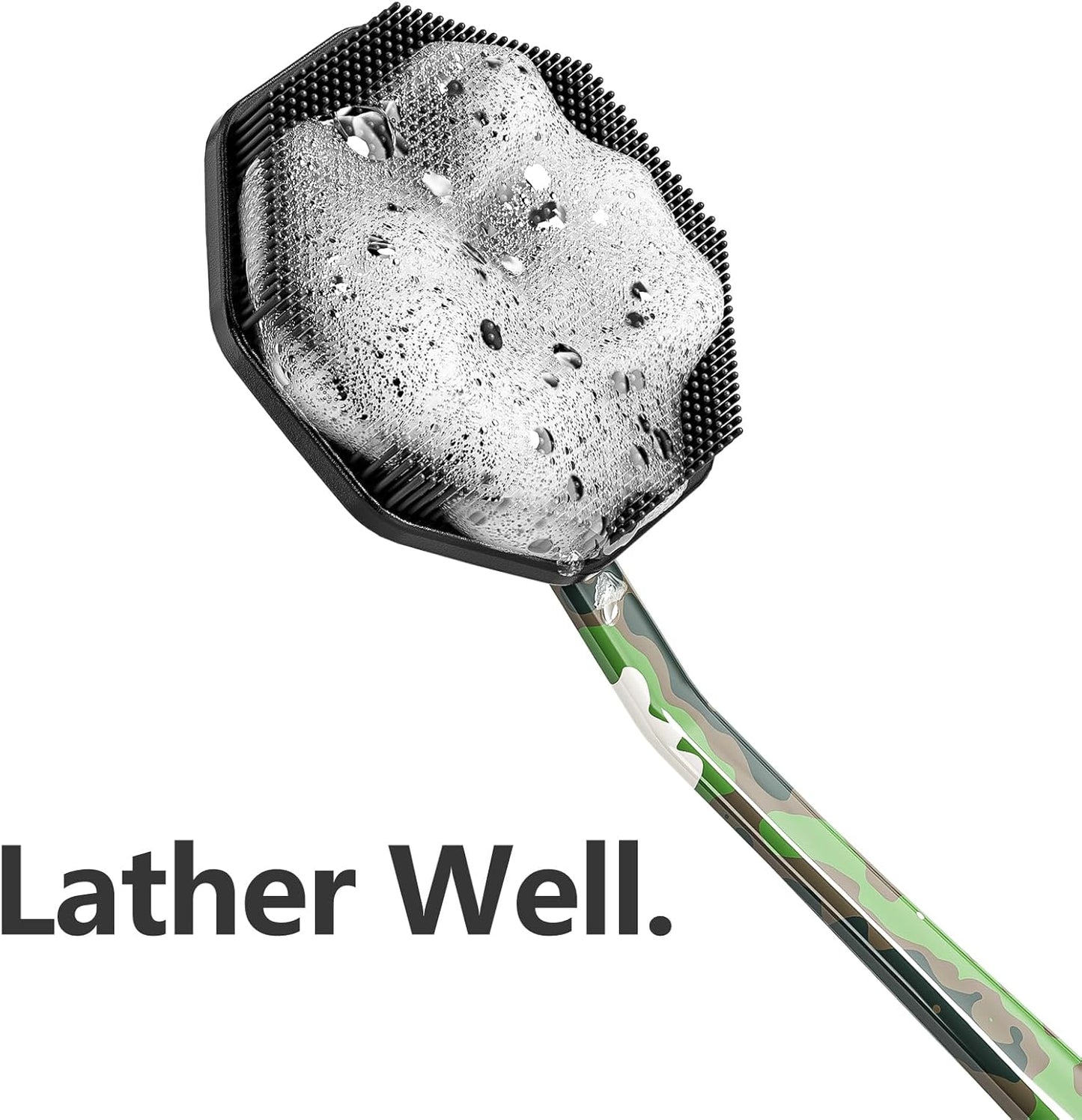 iTokGoK® Platinum Camo Green Pattern Silicone Back Scrubber with Long Handle Back Brush for Shower,Silver-Infused Back Scrubber for Men and Women (Camo Green)