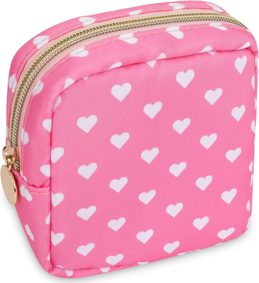 Nylon Mini Makeup Bag for Purse - Small Cute Cosmetic Zipper Pouch - Waterproof Travel Coin Pouch - Sanitary Napkin Storage - Make Up Organizer for Women & Girls (Pink Heart)