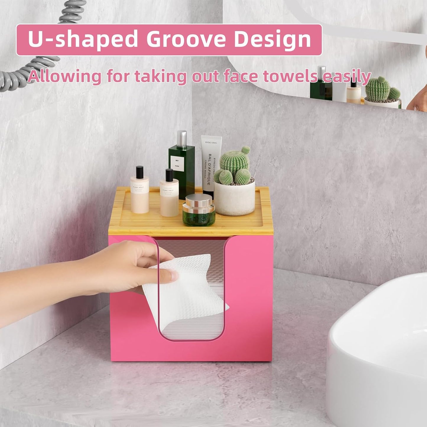 VITVITI Disposable Face Towel Holder Box, Acrylic Facial Towel Container for XL Clean Skin Club, Large Disposable Face Towels Storage with Bamboo Lid, for Bathroom, Vanity Makeup, Pink