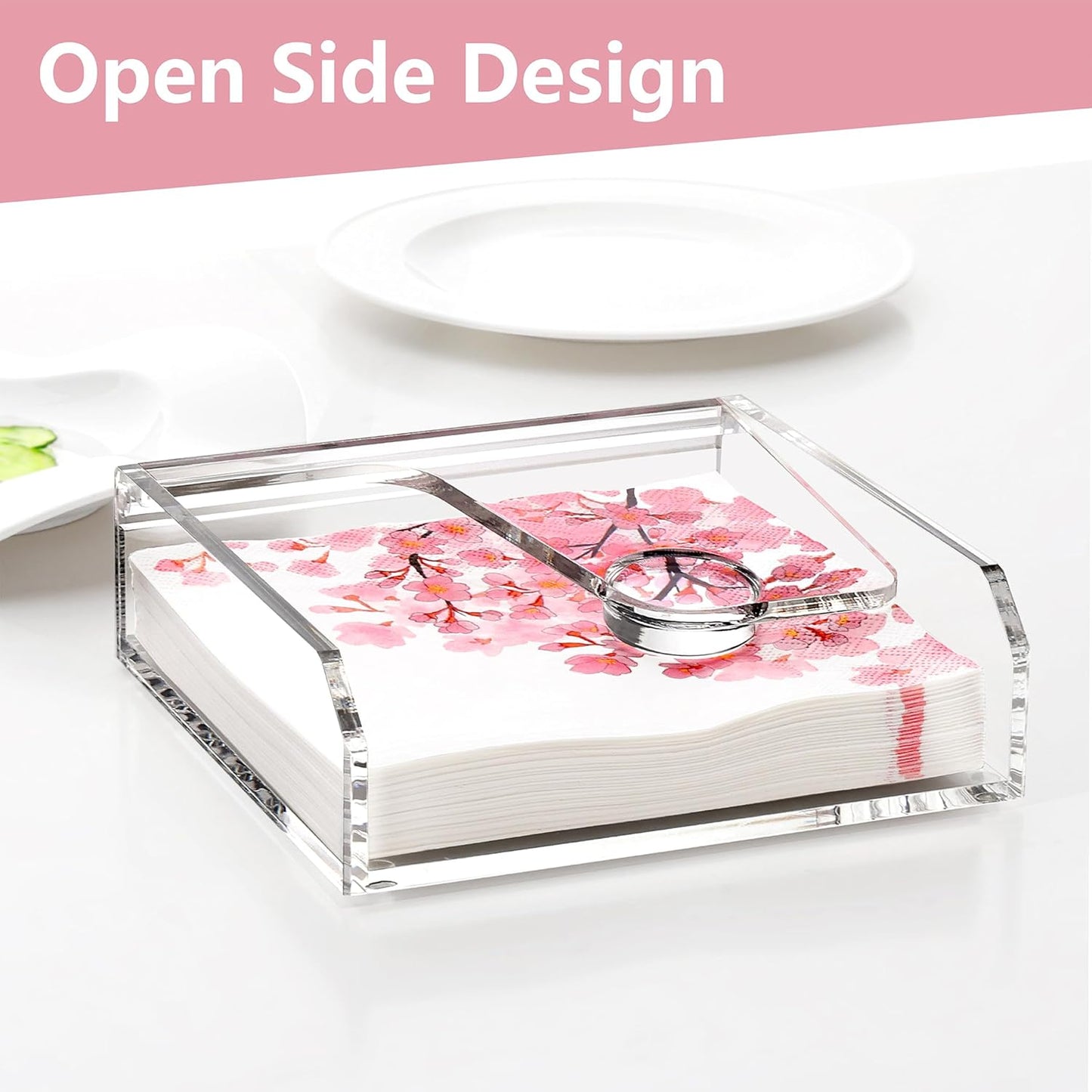 DINGHUO Acrylic Napkin Holder for Table, 7"x7" Clear Luncheon Napkin Holder with Weighted Arm, Flat Kitchen Paper Hand Napkin Dispenser, Suitable for Outdoor & Indoor