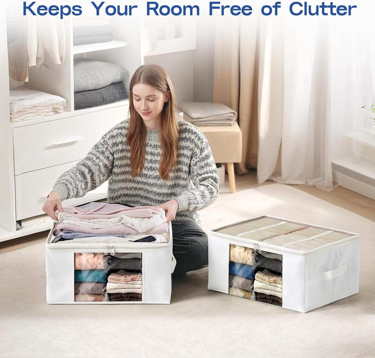 Clothes Storage Bags, Foldable Thick Fabric Blanket Storage Bags, Large Clear Window & Carry Handles, Great for Clothes, Blankets, Closets, Pillows, Toys (White, 6PACK)