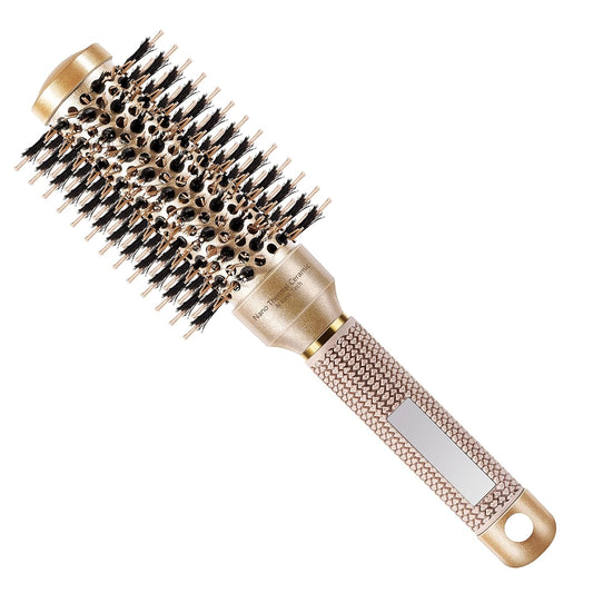 Round Hair Brush for Blow Out, Nano Thermal Ceramic & Ionic Tech, 1.3 inch Barrel, Boar Bristles, Roller Brush for Blow Drying and Styling, Gold