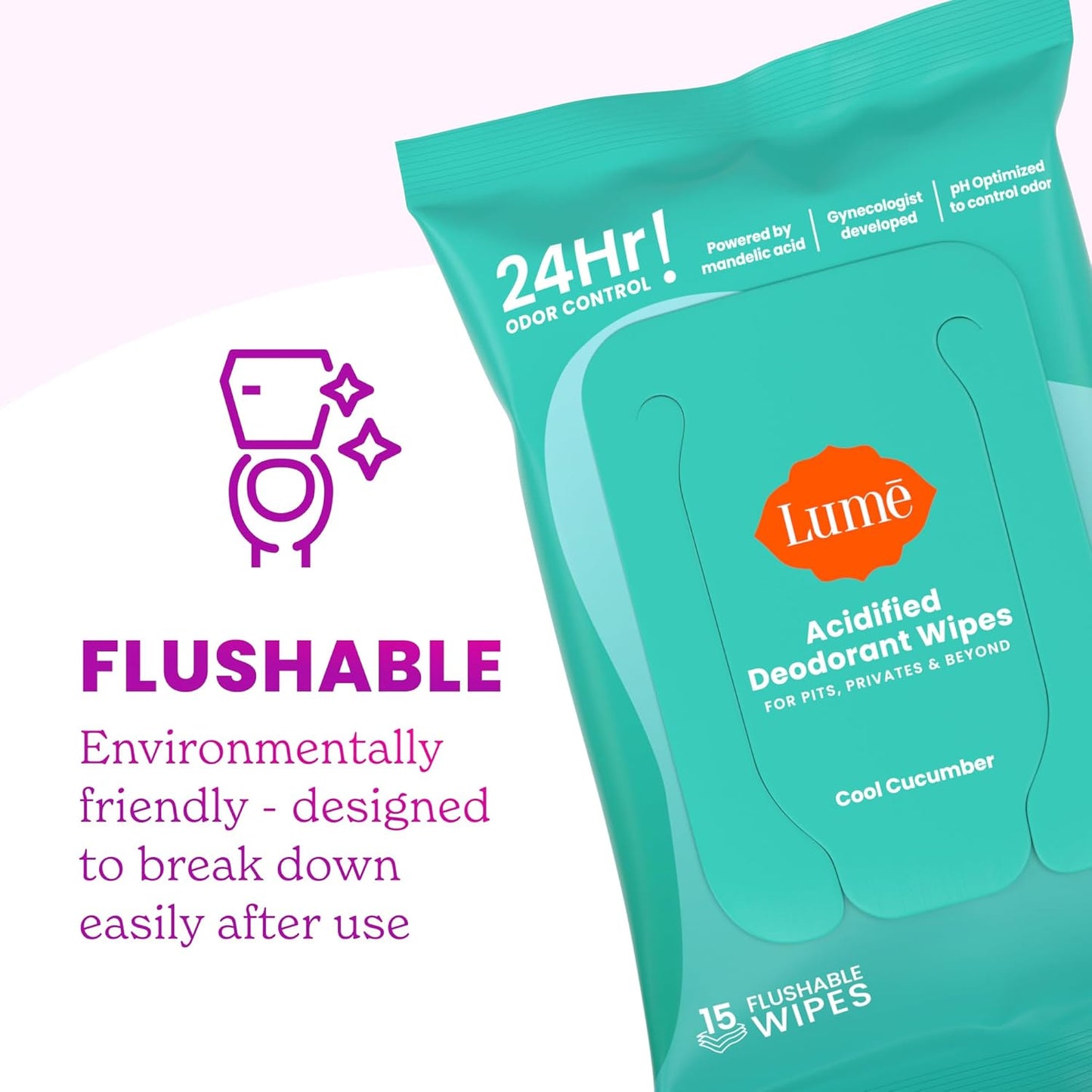 Lume Acidified Body Wash & Flushable Deodorant Wipes - 24 Hour Odor Control - Hydrating Wash - Without SLS or Parabens - OB/GYN Developed - 8.5 ounce (Lavender Sage) 15 Count Wipes (Cucumber)