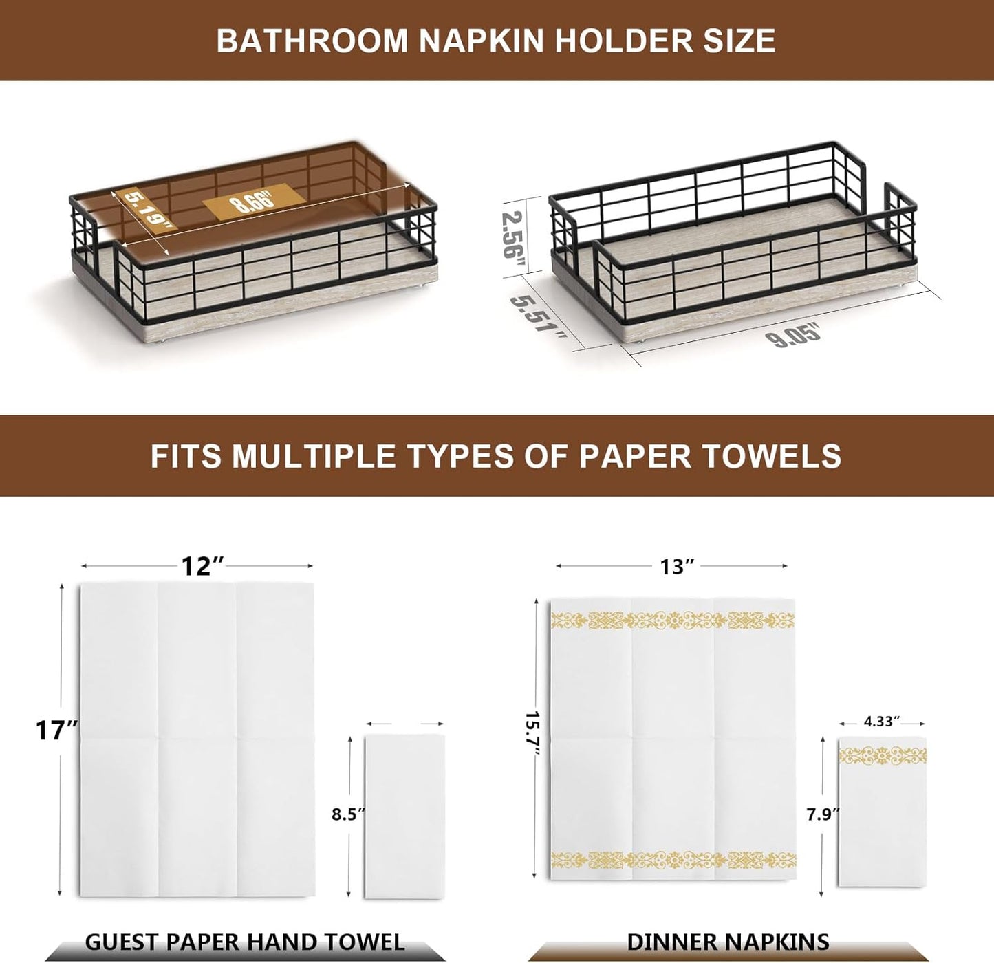 Wican Guest Towel Holder Tray for Bathroom, Ash and Iron Napkins Holder for Powder Room Dinning Table Wooden Basket for Disposable Paper Hand Towels Black and Ash Whitewashed