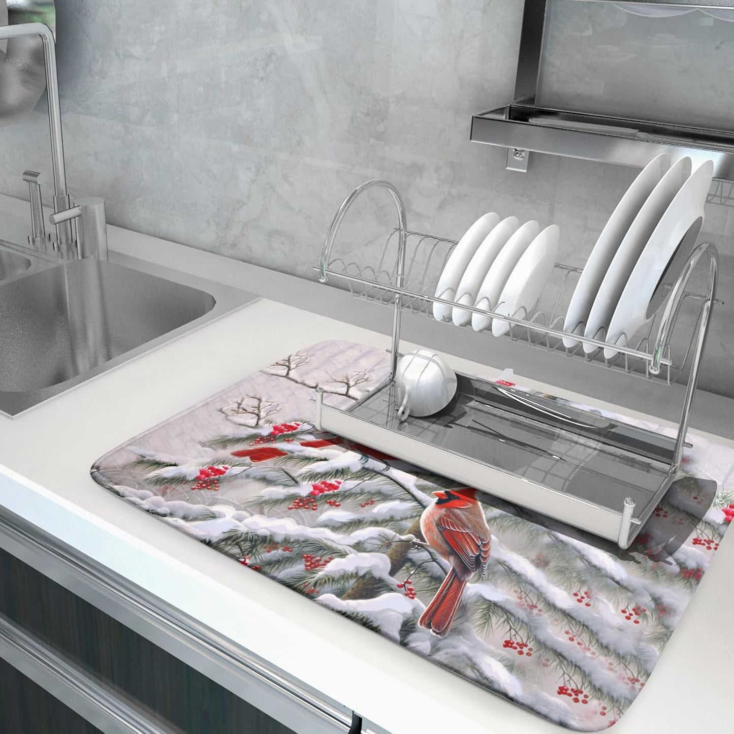 Red Birds Dish Drying Mat Winter Berry Dish Drainer Mats Absorbent Reversible Microfiber Kitchen Countertop Protector Dishes Pad 18x24 inch