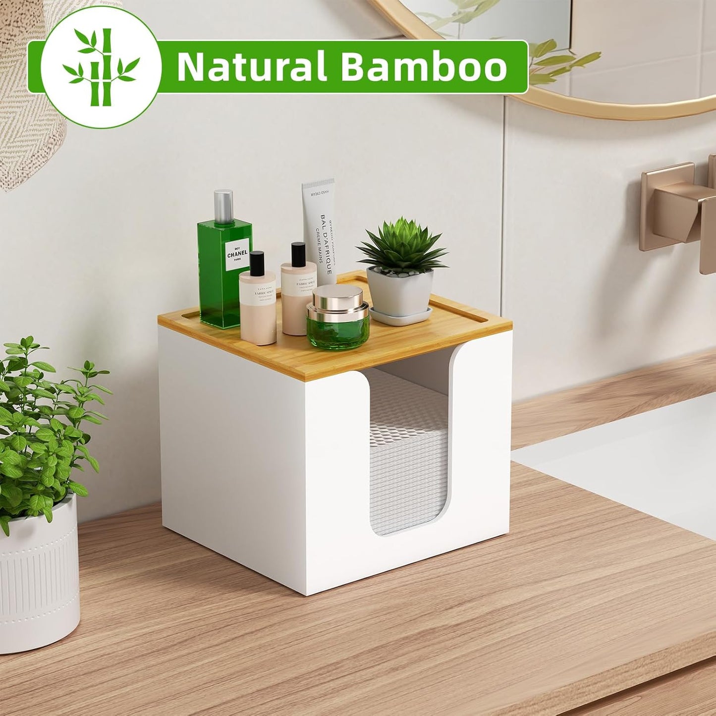 VITVITI Disposable Face Towel Holder Box, Acrylic Facial Towel Container for XL Clean Skin Club, Large Disposable Face Towels Storage with Bamboo Lid, for Bathroom, Vanity Makeup, White