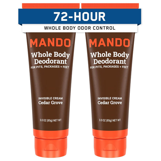 Mando Whole Body Deodorant For Men - Invisible Cream - 72 Hour Odor Control - Aluminum Free, Baking Soda Free, Skin Safe - 3 Ounce Tube (Pack of 2) - Cedar Grove