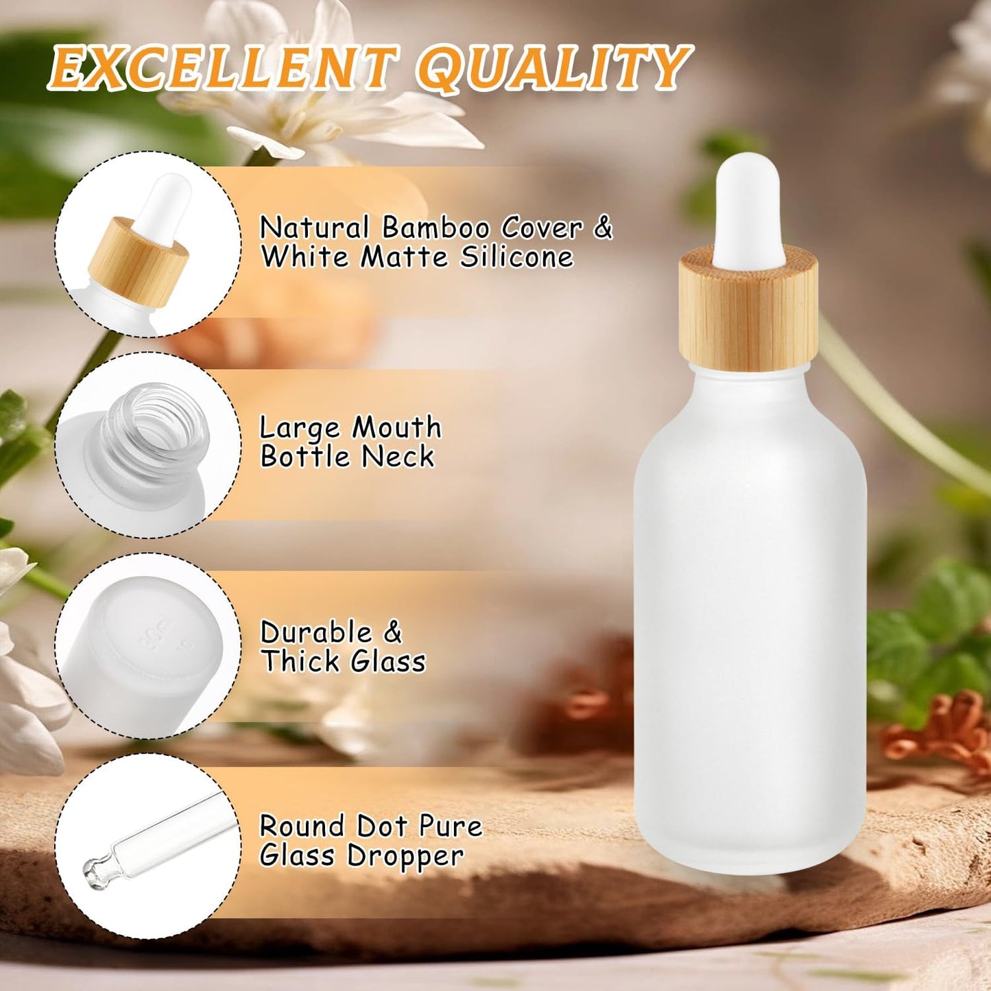 24 Pack 2 oz Frosted Glass Dropper Bottle,Empty Round Boston Travel Bottles With Eye Droppers,Natural Bamboo Dropper Cap for Essential Oils, Tinctures & Perfume,Facial Serums,Massage Oils