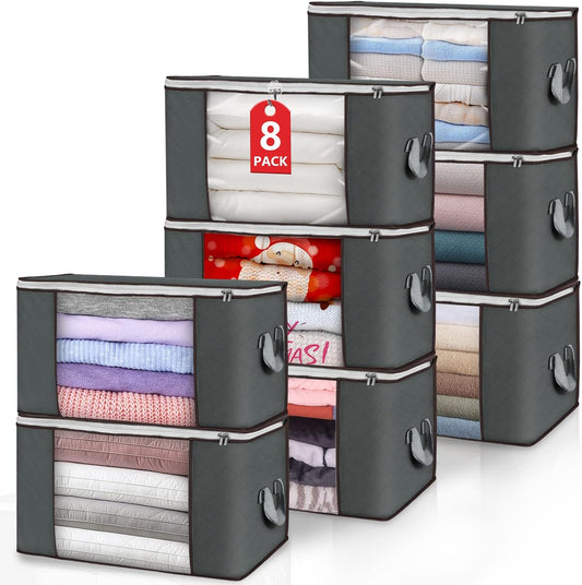 Large Storage Bags, 8 Pack Clothes Storage Bins Foldable Closet Organizers Storage Containers with Durable Handles Thick Fabric for Blanket Comforter Clothing Bedding 90 L (Gray)