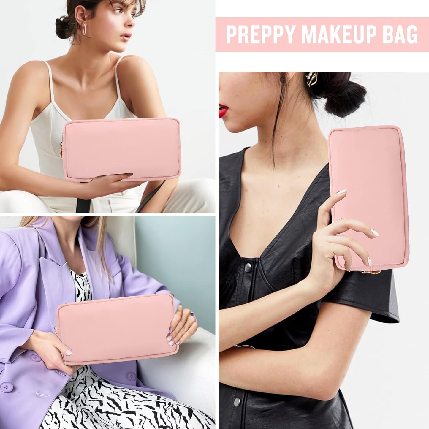 Nylon Small Makeup Bag for Purse, Cute Preppy Pink Makeup Bag Cosmetic Zipper Pouch Purse, Waterproof Portable Travel Toiletry Bag Clutch Makeup Brush Bag Organizer Storage for Women Men Girls(Pink)