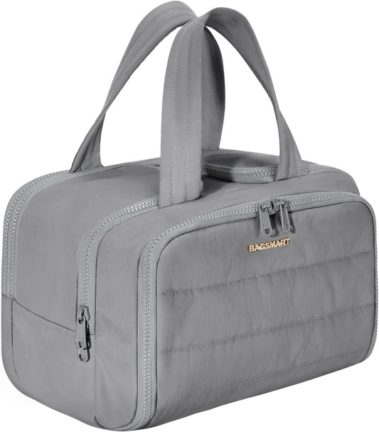 BAGSMART Travel Toiletry Bag, Lightweight Large Wide-open Travel Bag for Women, Puffy Cosmetic Makeup Bag Organizer with Handle for Accessories,Essentials, Toiletries, Grey