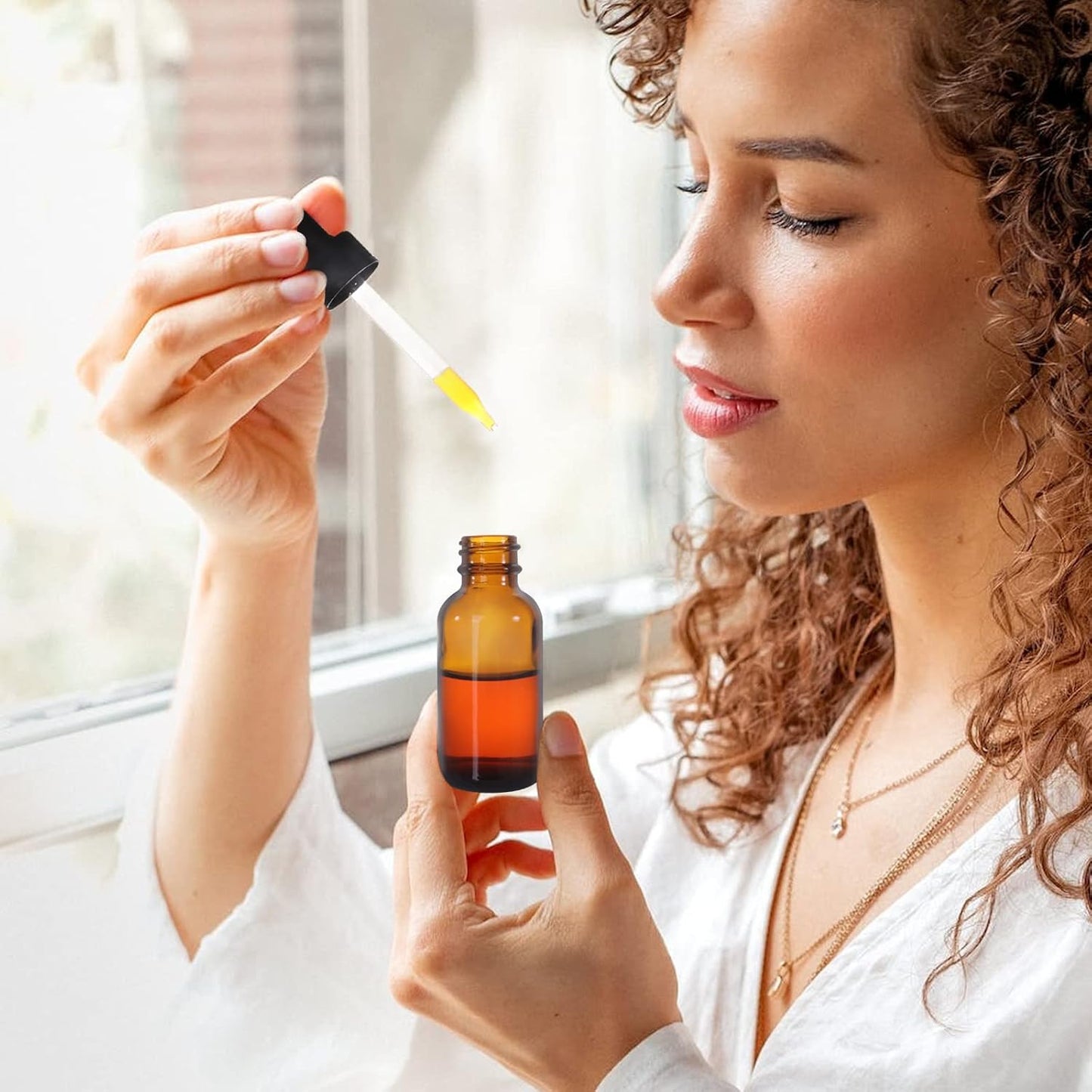 48 Pack 1oz Amber Glass Bottles with Glass Eye Droppers for Essential Oils, Perfumes & Lab Chemicals (Brush, Funnels, 2 Extra Droppers, 54 Pieces Labels & 30ml Measuring Cup Included)