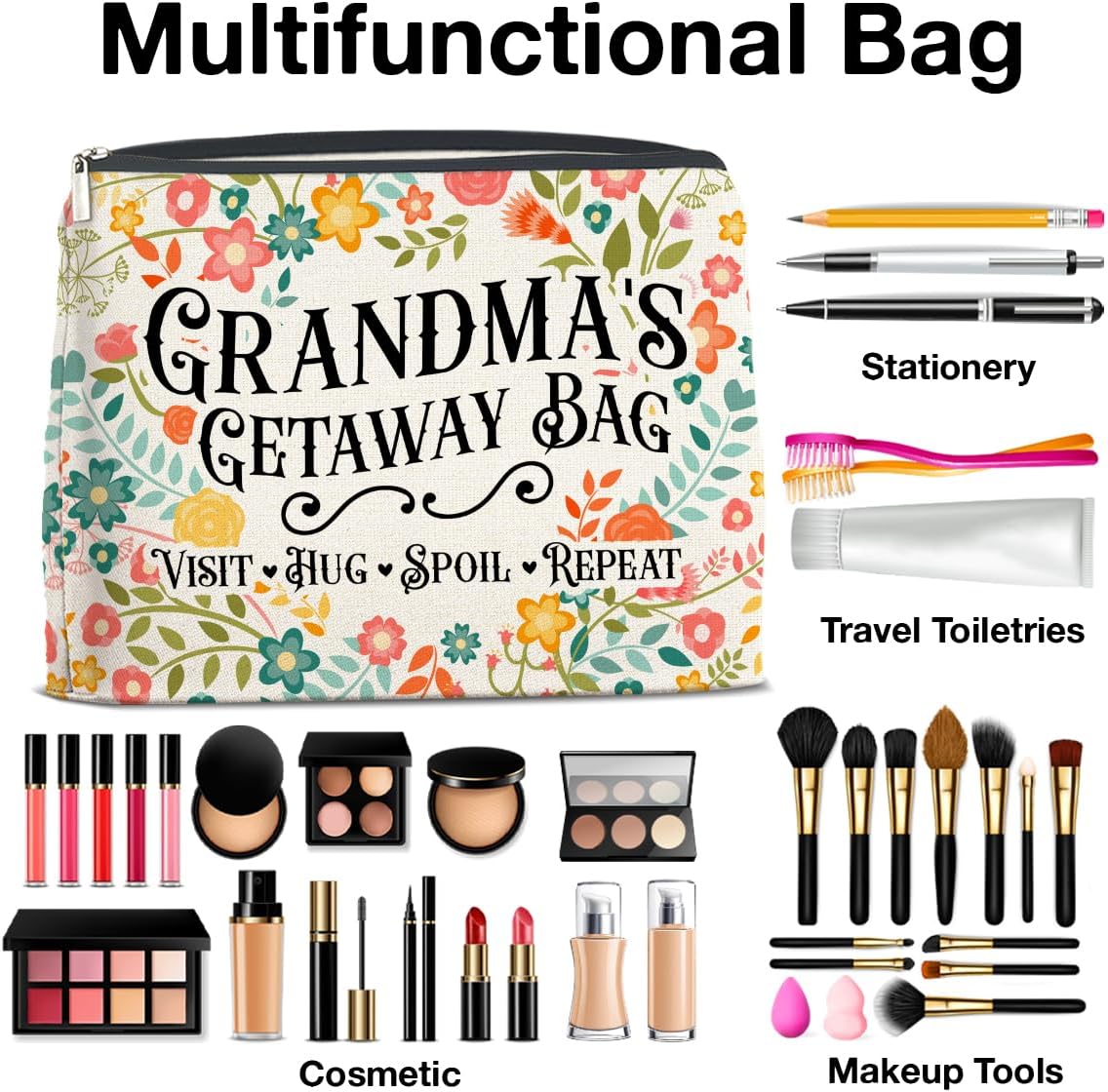Grandma's Getaway Cosmetic Bag Grandma Gifts from Grandkids, Gift for Grandmother Grammy Nana Makeup Bag Zipper Makeup Pouch