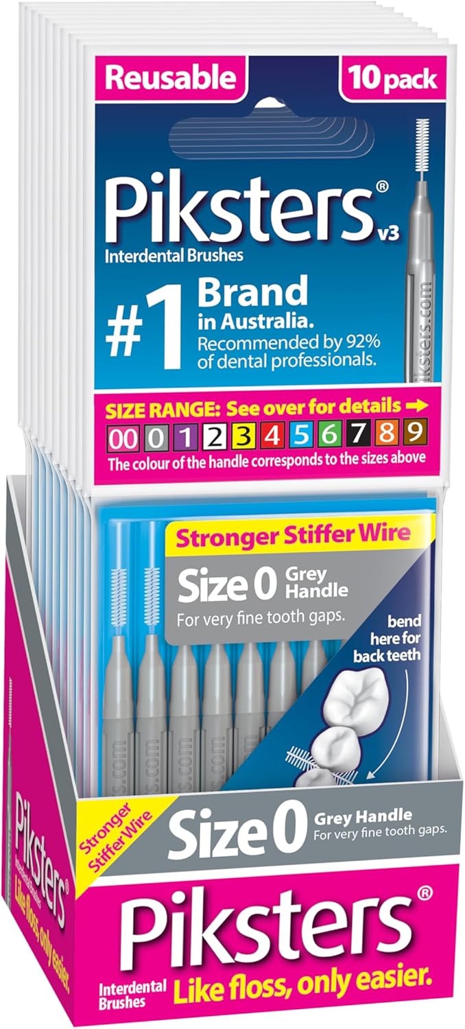 Piksters Interdental Brushes, Size 0, 100 Count (10 x 10 Packs), Interdental Tooth Brush for VeryTight Gaps, Gum Soft Bristles for Plaque Removal, Safe for Braces (100 pk)