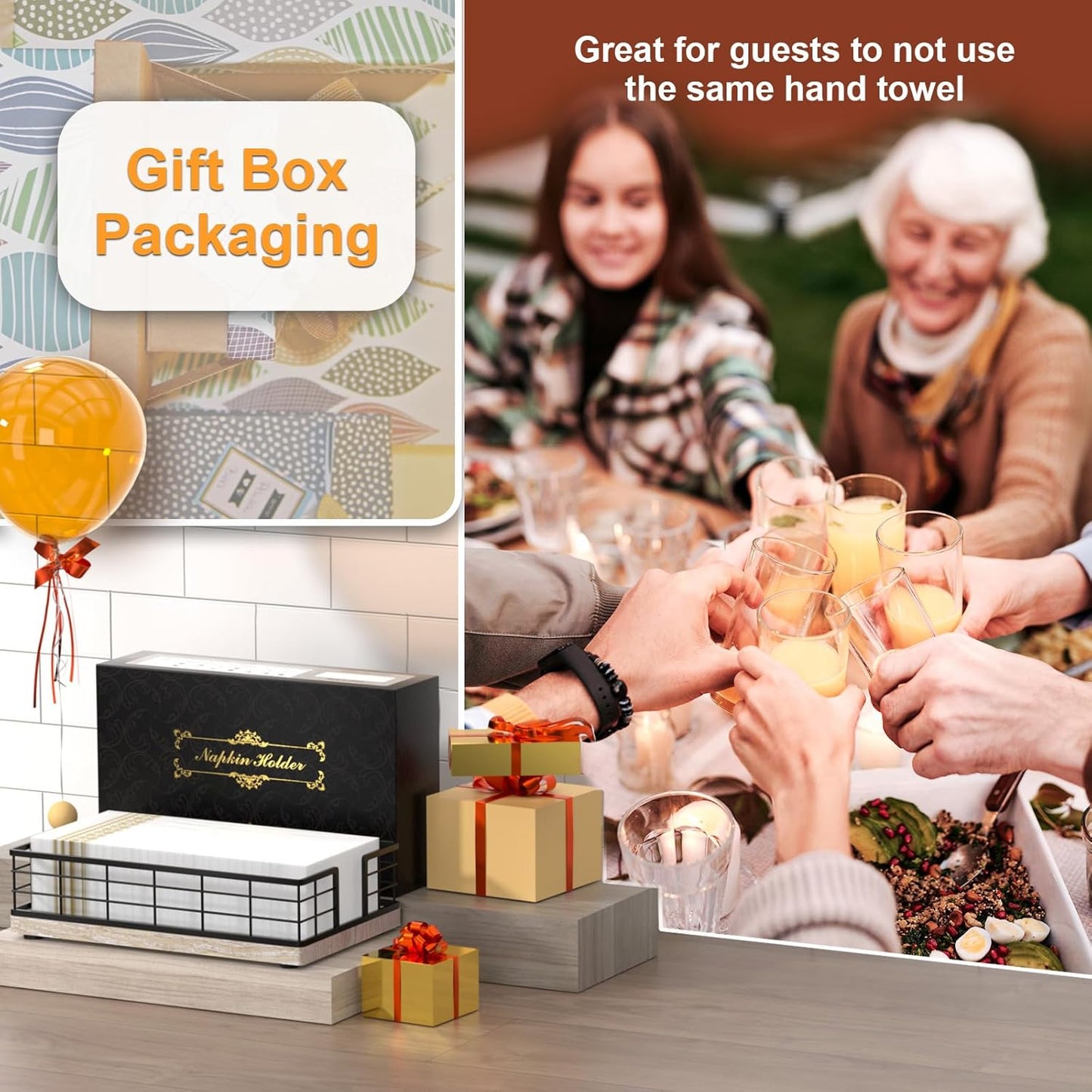 Wican Guest Towel Holder Tray for Bathroom, Ash and Iron Napkins Holder for Powder Room Dinning Table Wooden Basket for Disposable Paper Hand Towels Black and Ash Whitewashed