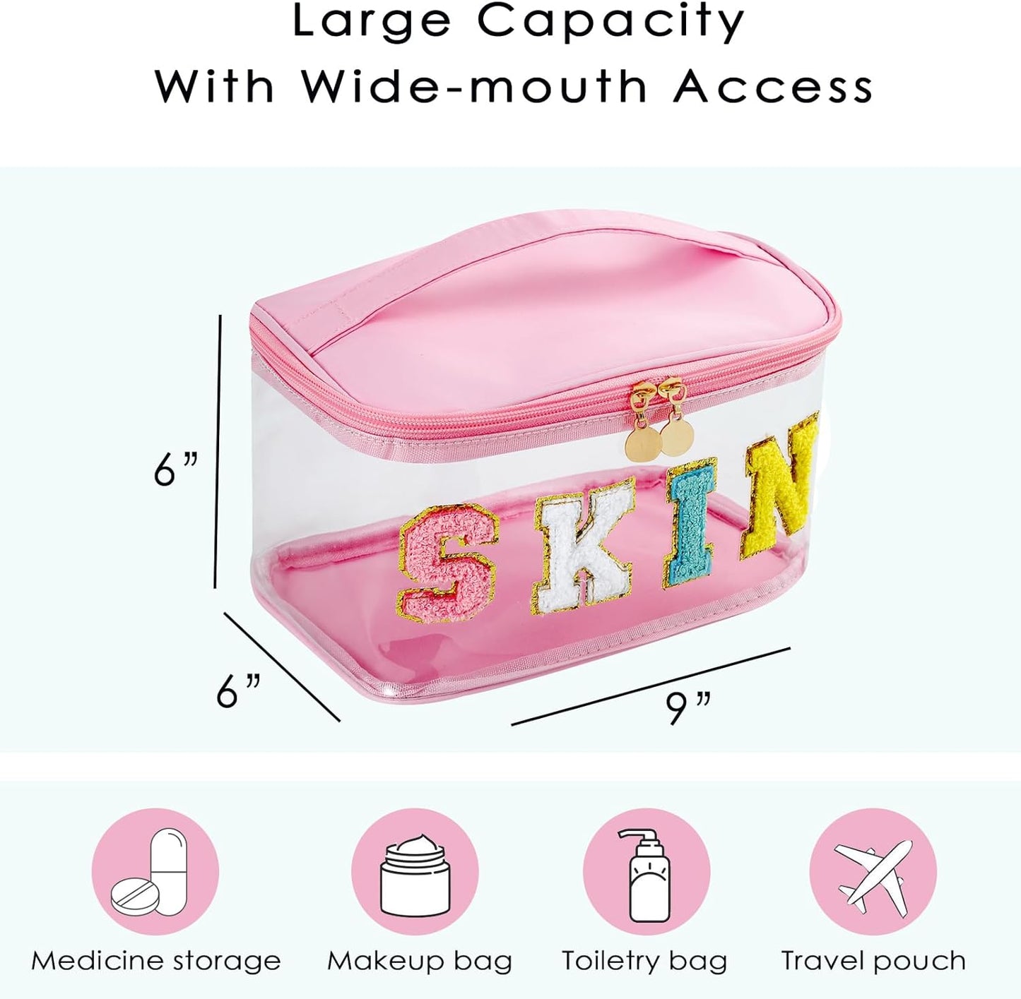 Personalized Chenille Letter Clear Skin Makeup Bag, Large Size Waterproof Nylon Cosmetic Toiletry Storage bag with Top Handle, Transparent Meds Skin Travel Organizer Cosmetic Bag(09Skin-Pink)